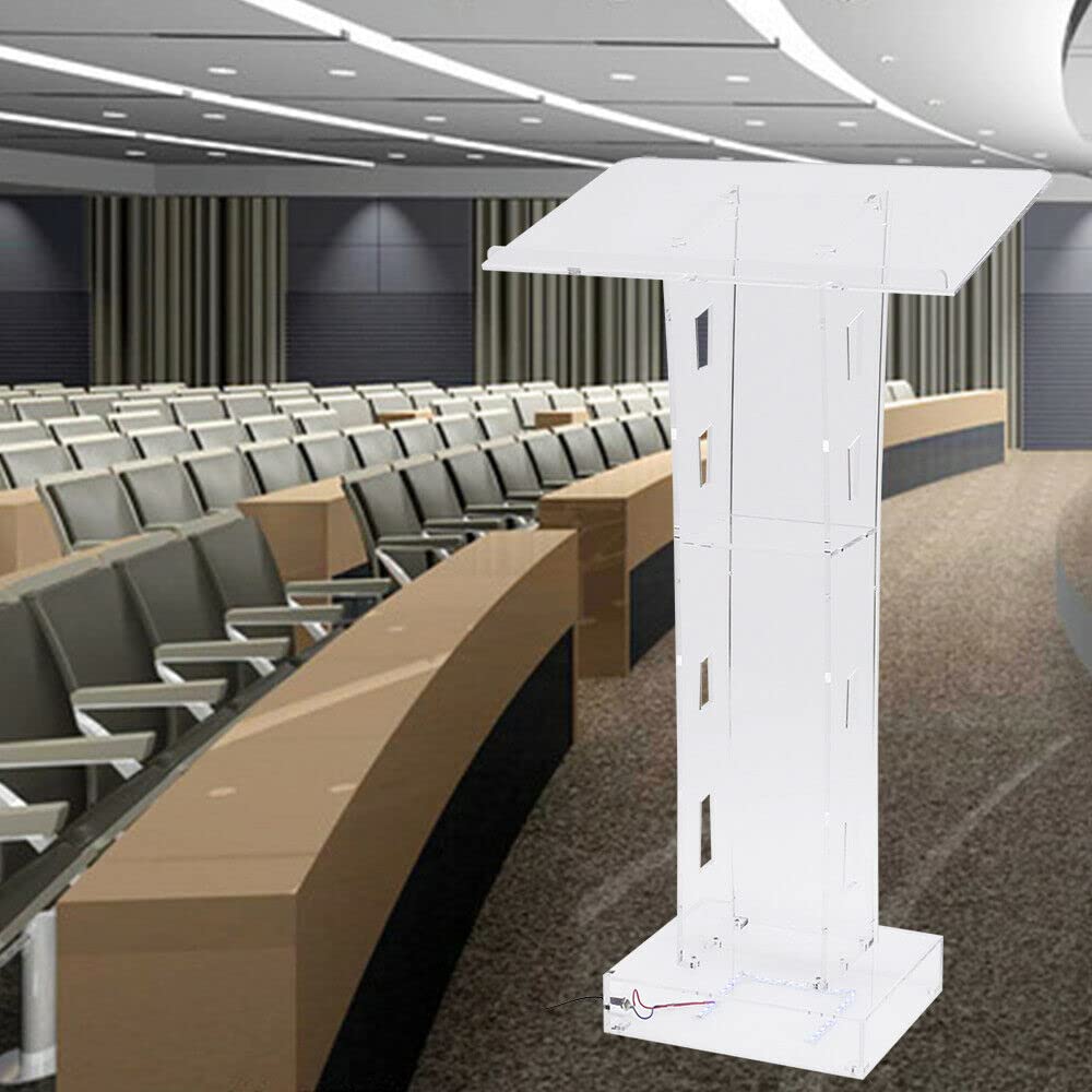 Clear Acrylic Podium Stand with LED Light - Portable Lectern for Restaurants, Weddings, Office & Classrooms - Perfect for Presentations, Speeches, and Events