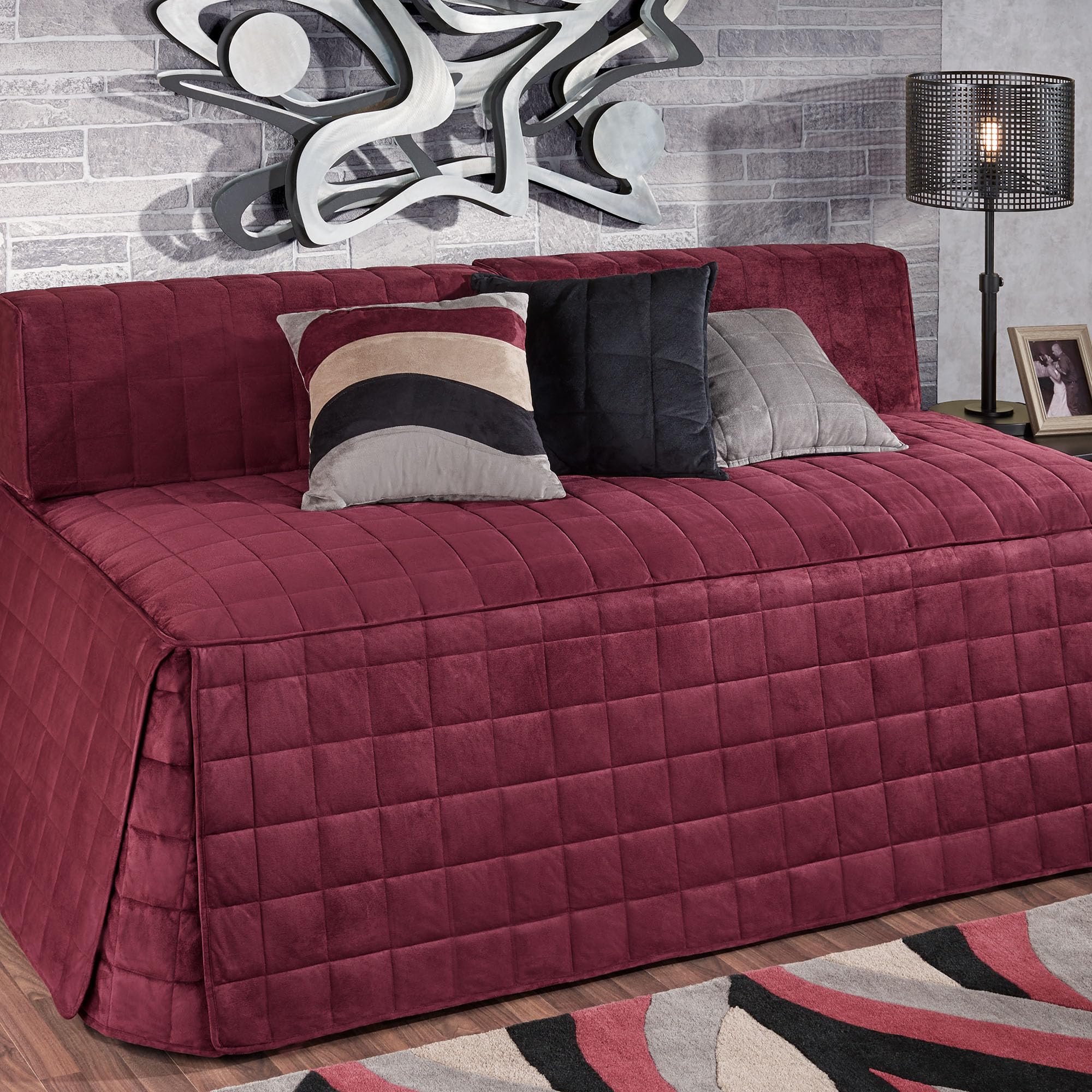 Camden Luxury Bedding Set - Neutral Claret Faux Suede Quilted Hollywood Daybed Cover with Bolster Shams & Pillows | 5-Piece Extra Long Bedding Ensemble for Guest Rooms, Dorm Decor & Cozy Bedroom Upgrade