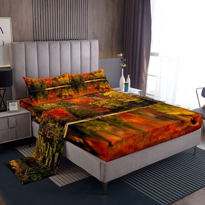 Autumn Themed Wood Fitted Sheet Set with 2 Pillowcases - Rustic Maple Tree Design Bedding for Teens - Nature Landscape Luxury Microfiber Queen Size Bed Sheets - Perfect for Fall Decor & Cozy Seasonal Bedroom Makeover