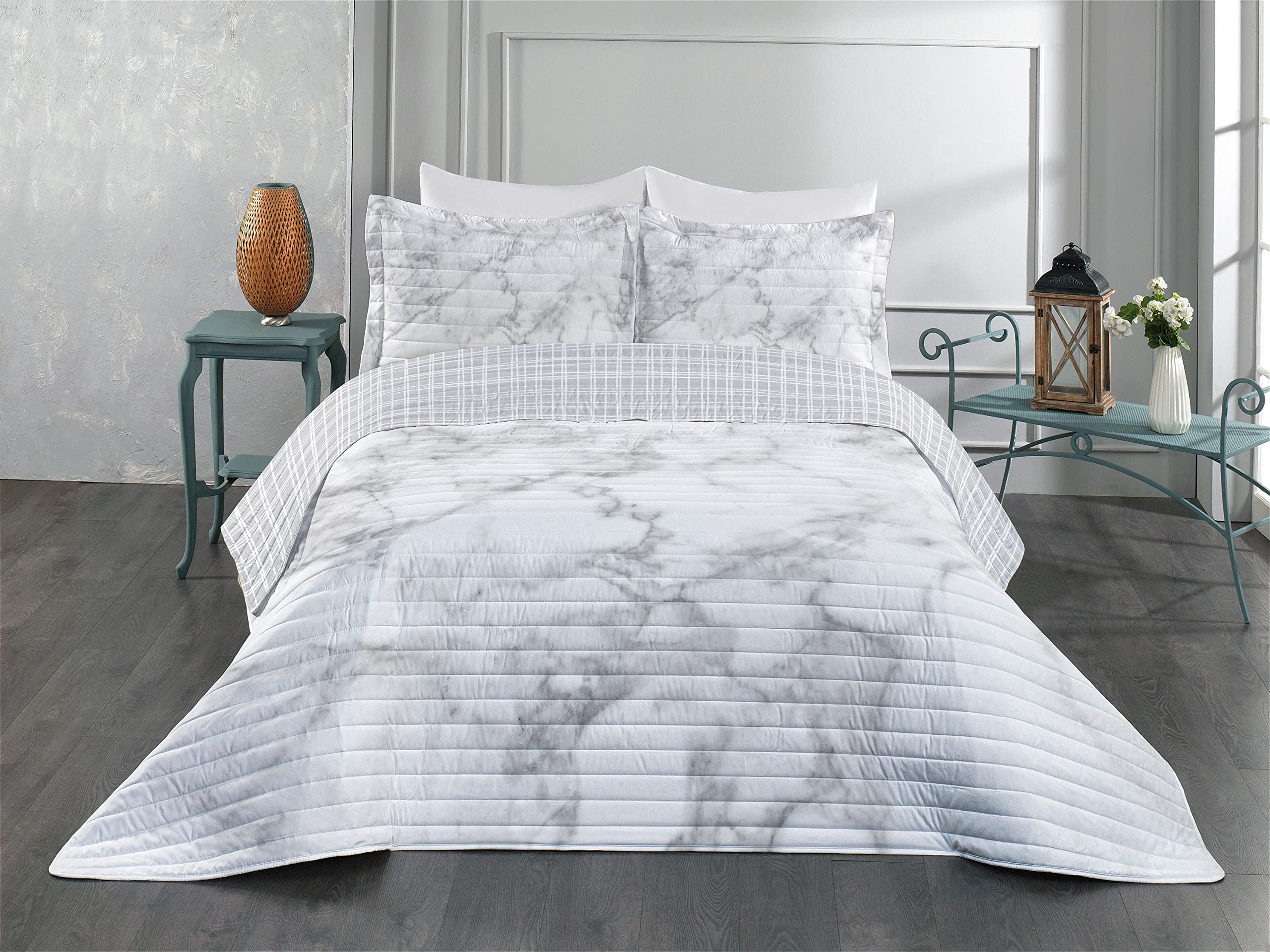 Ambesonne Reversible King Size Bedspread Set with Pillow Shams - Marble Print Microfiber Comforter in Pale Grey Dust, Nature Granite Pattern with Cloudy Spotted Stone Effects | Perfect for Master Bedroom, Guest Room & Luxury Hotel Decor