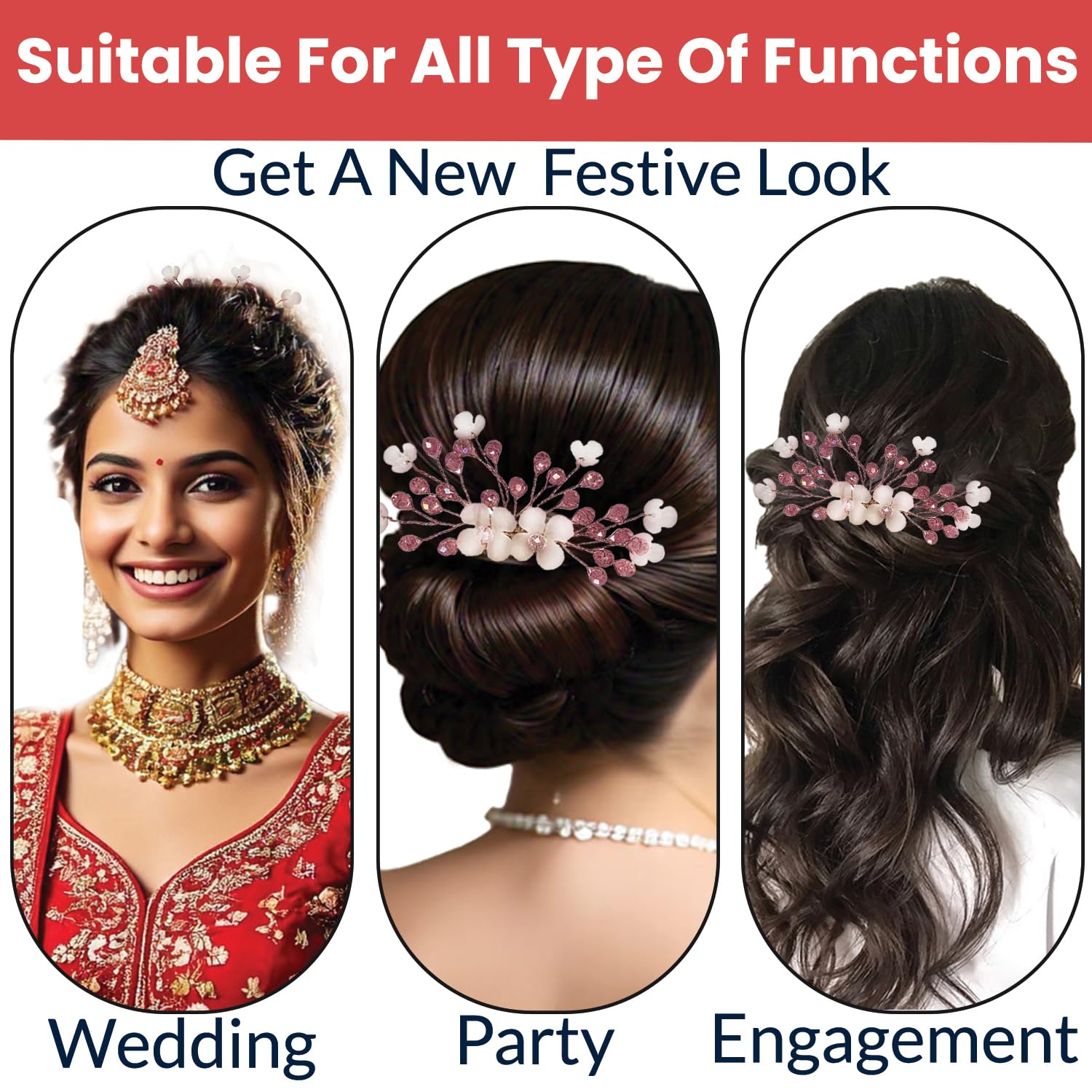 TEMPERIA Women's Hair Accessories - Elegant Artificial Flower & Crystal Pearl Bun Juda Bridal Brooch for Hairstyling & Decoration - Bridal Hair Pins & Clips (Pink & White) - Perfect for Weddings, Proms & Special Occasions