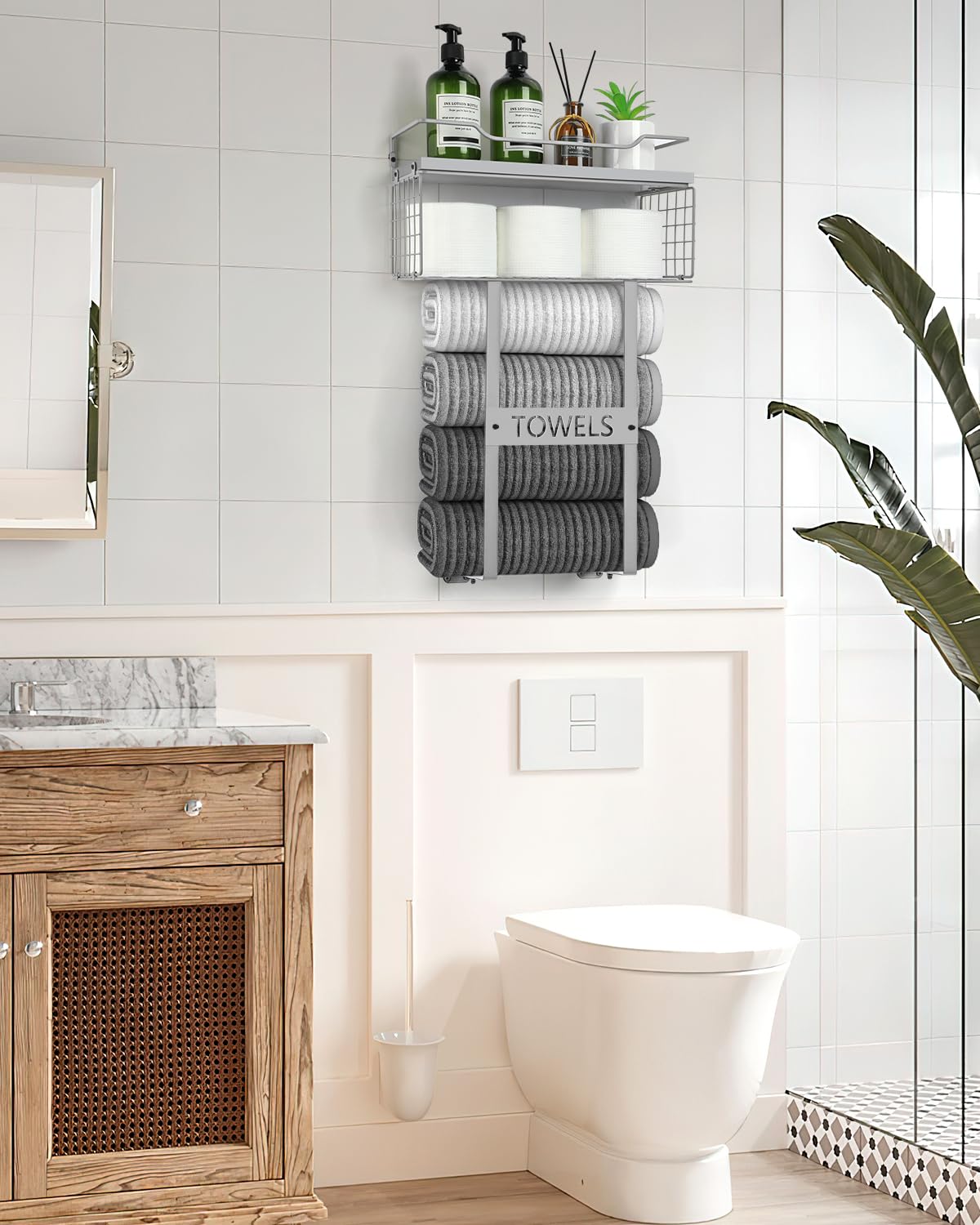 Wall Mounted Bathroom Towel Rack Set - Wooden Vertical Towel Holder & Shelf Organizer for Small Bathrooms, Grey Bath Wall Decor (Perfect for Above Toilet Storage & Rolled Towel Organization)