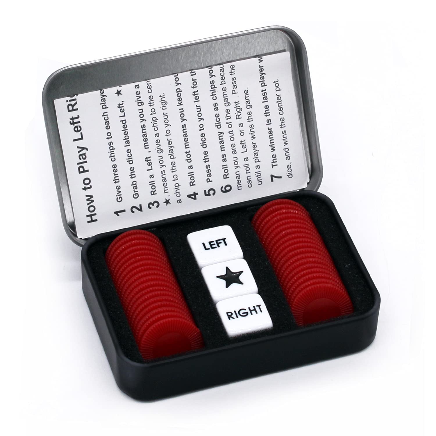 Left Right Center Dice Game Set with 3 Dice & 36 Red Chips - Fun Family Party Board Game for Adults & Kids - Perfect for Game Nights, Camping Trips & Social Gatherings