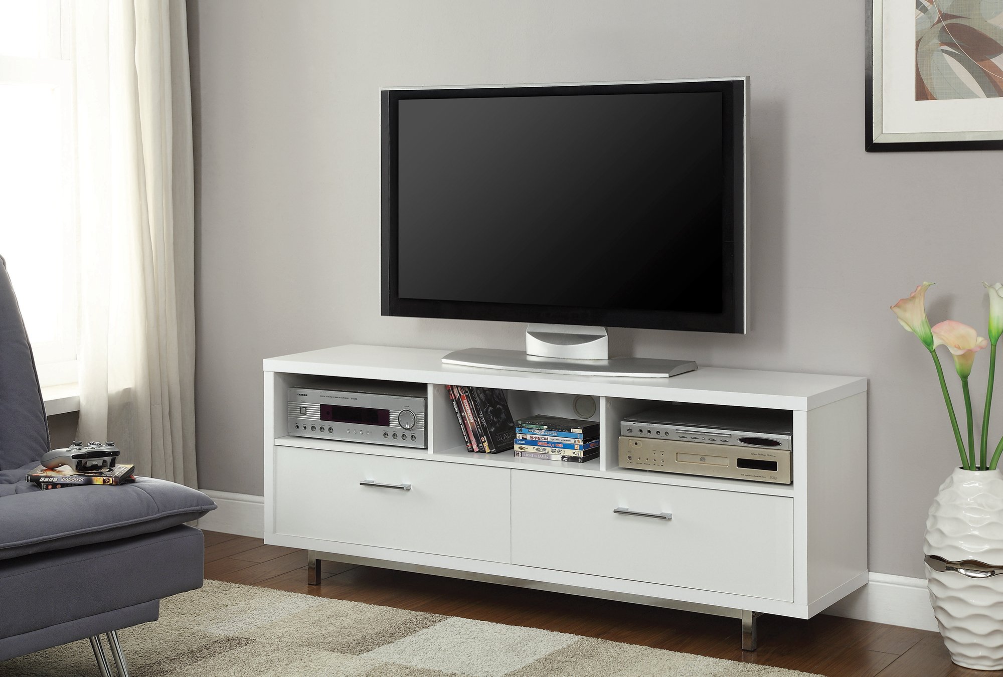Benjara Elegant White TV Stand with Chrome Legs - Modern Entertainment Center for Living Room & Home Theater