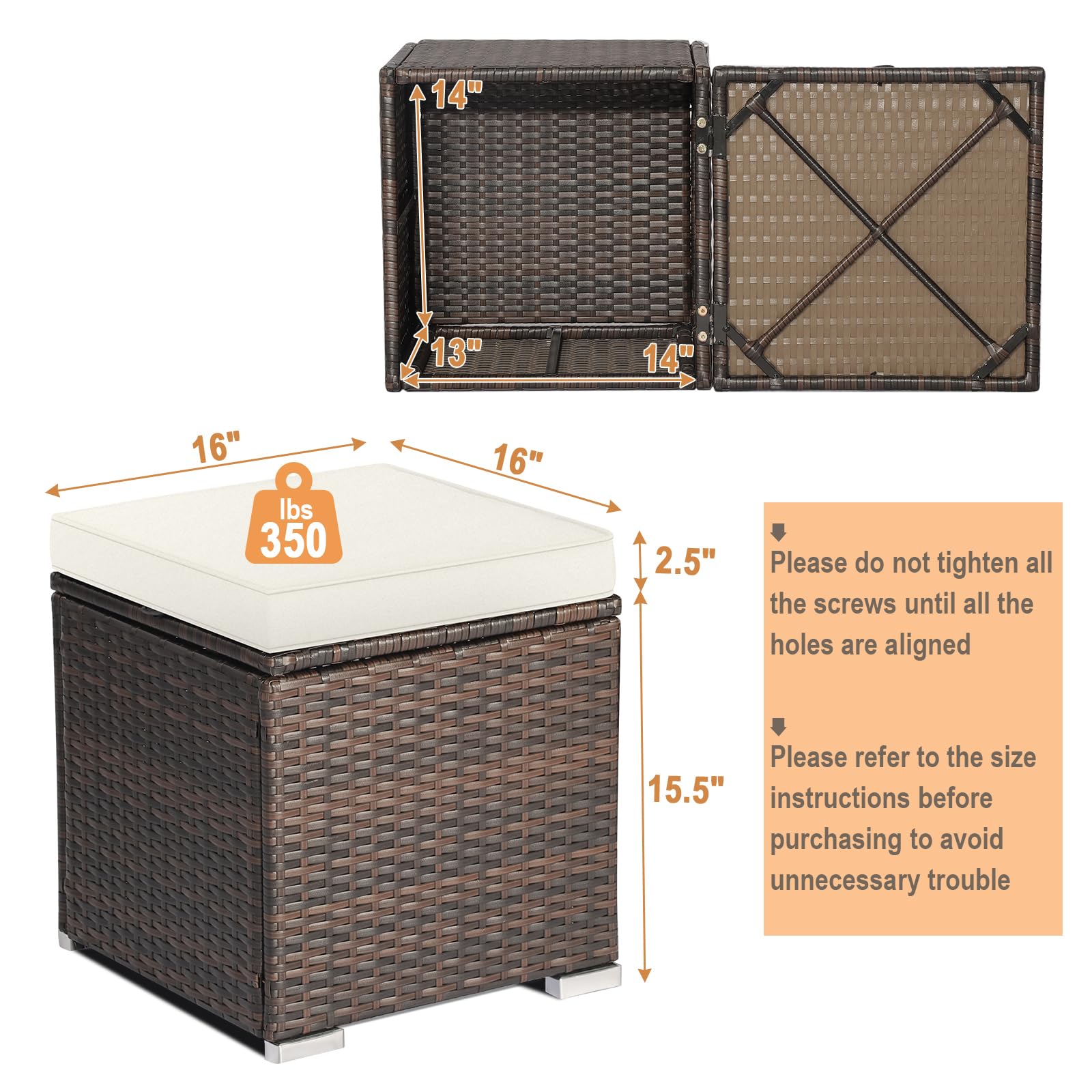RELAX4LIFE 2-Piece Wicker Outdoor Storage Ottoman Set with Removable Cushion - Rattan Footstool, Multipurpose Footrest, Side Table & Extra Seating - Perfect for Patio, Deck, Garden & Poolside (Off White)