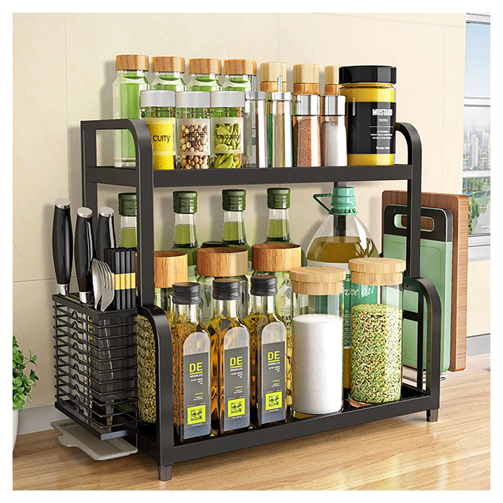 Stainless Steel Wall Mount Spice Rack - 2 Tier 52cm Kitchen Organizer with Utensil Holder & Cutting Board Storage | No Installation Needed | Perfect for Small Kitchens, Countertops & Pantry Organization