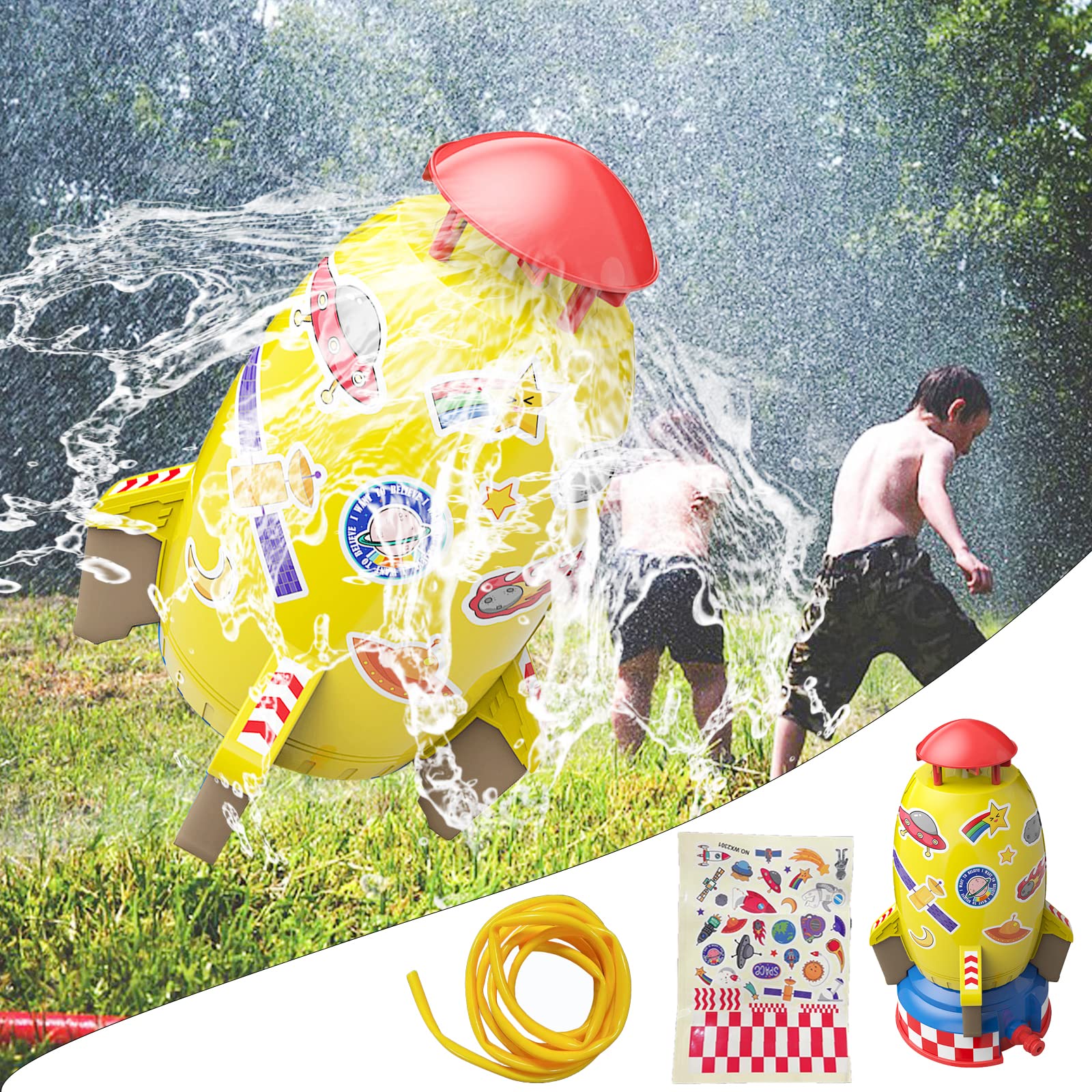 Outdoor Rocket Sprinkler Toy for Kids - Summer Water Sprayer with Adjustable Water Pressure Control, Fun Yard Sprinkler for Boys & Girls Ages 3+ (Yellow) | Perfect for Backyard Play, Pool Parties & Summer Outdoor Activities