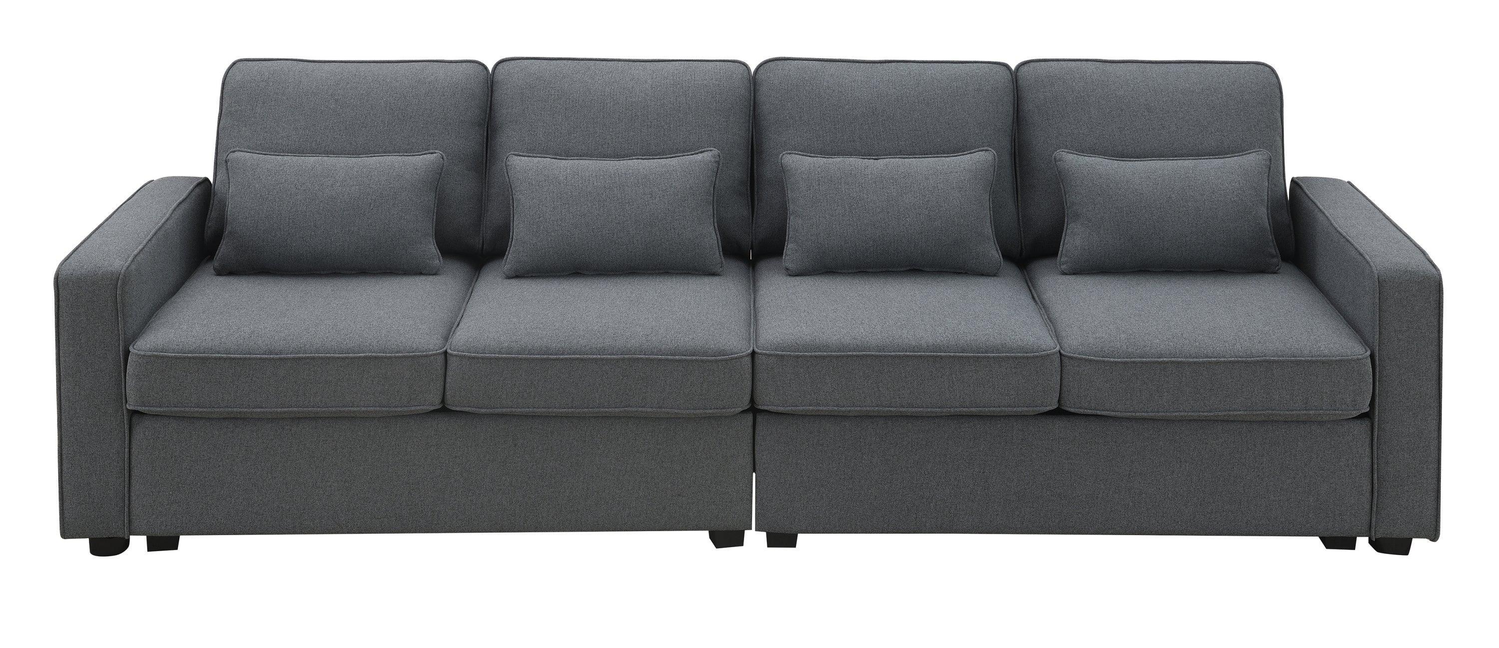 Modern 4-Seater Linen Fabric Sofa with Armrest Storage Pockets & 4 Throw Pillows - Minimalist Living Room Couch for Small Spaces, Apartments and Cozy Home Decor