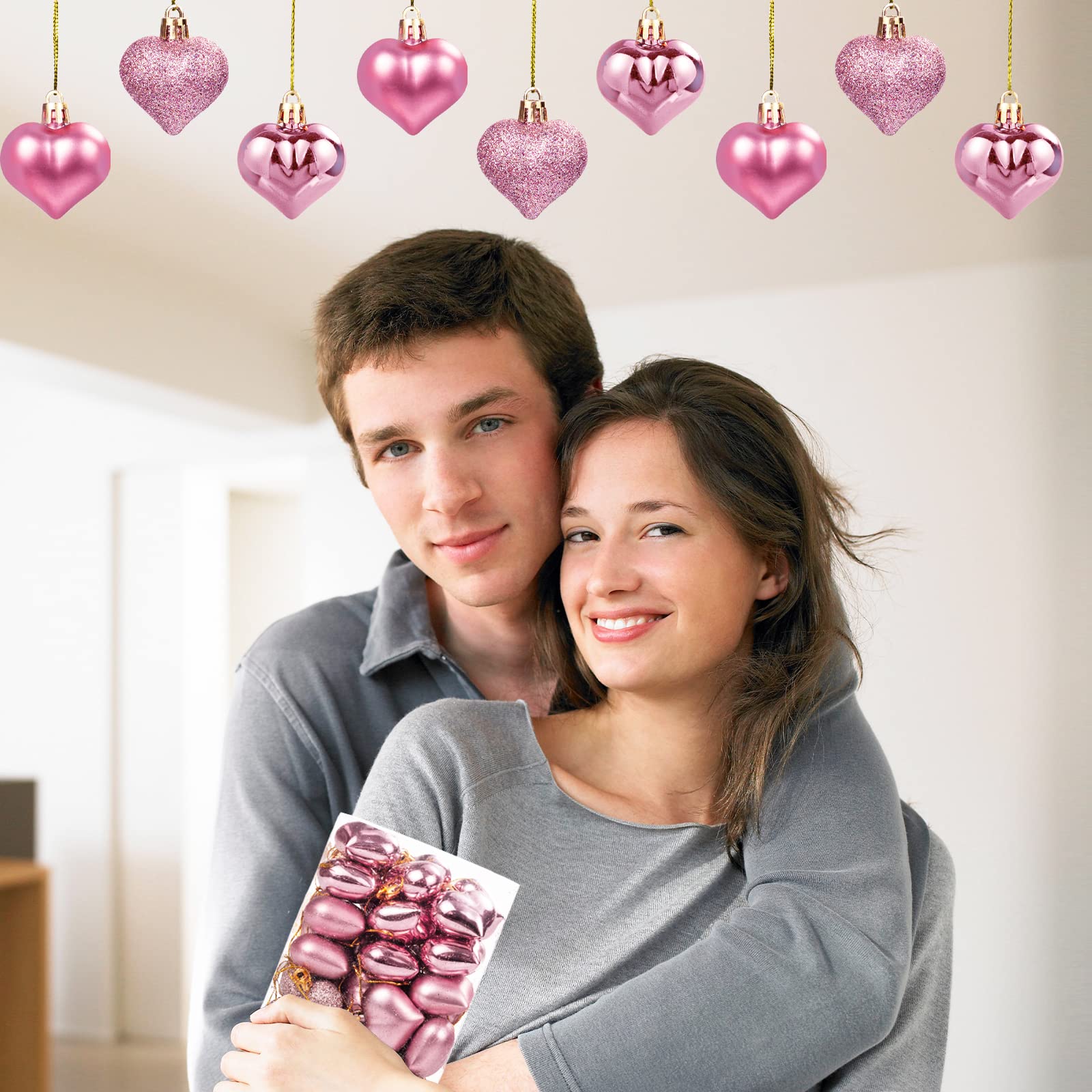 36pcs Rose Gold Heart Shaped Ornaments - Valentine's Day Wedding Anniversary Tree Decorations, Hanging Baubles for Home Party & Romantic Celebration