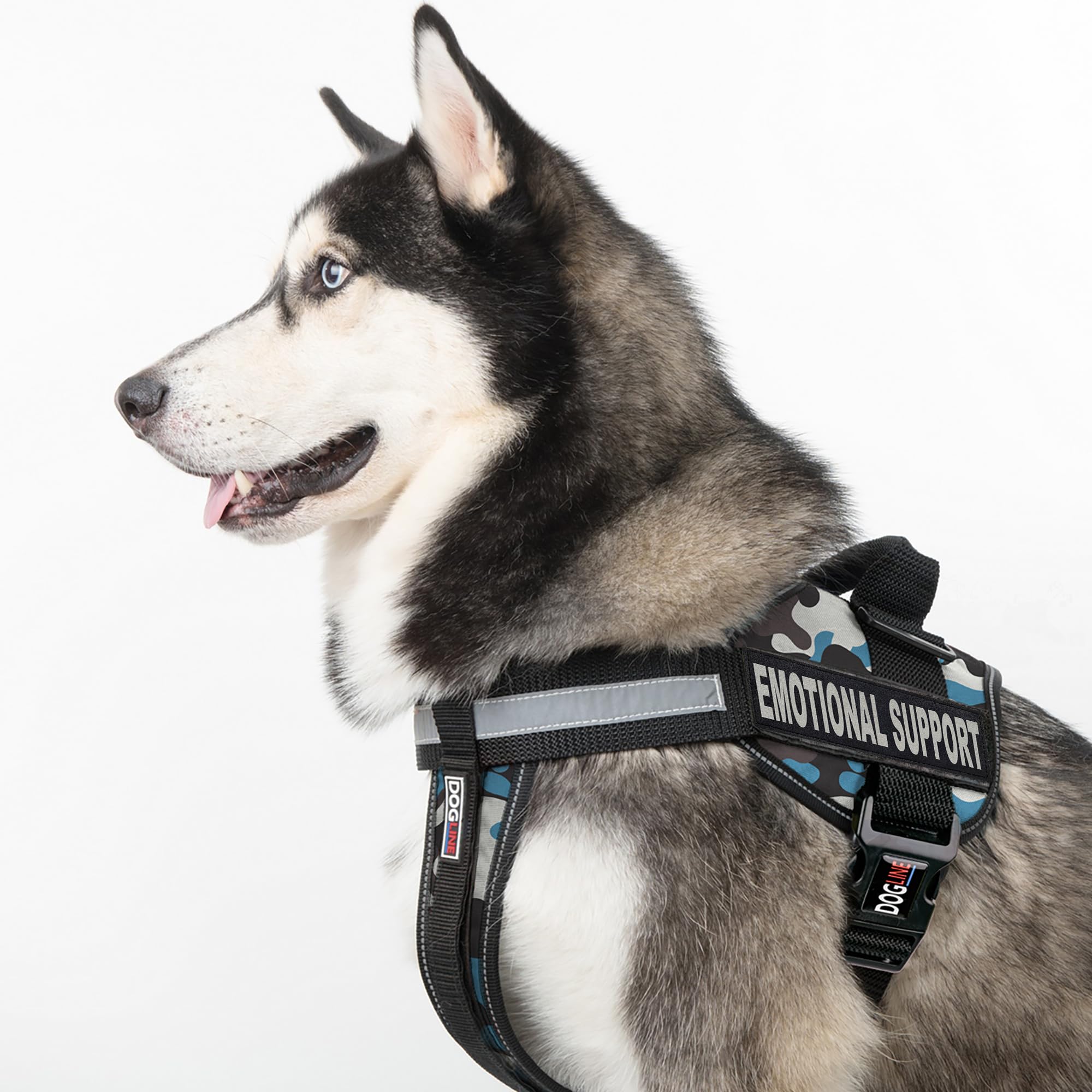 Dogline Unimax Adjustable Dog Harness Vest with Emotional Support Patches - Breathable Neoprene for Training & Identification (36-46in Girth, Blue Camo) - Perfect for Daily Walks, Outdoor Adventures & Service Dog Support