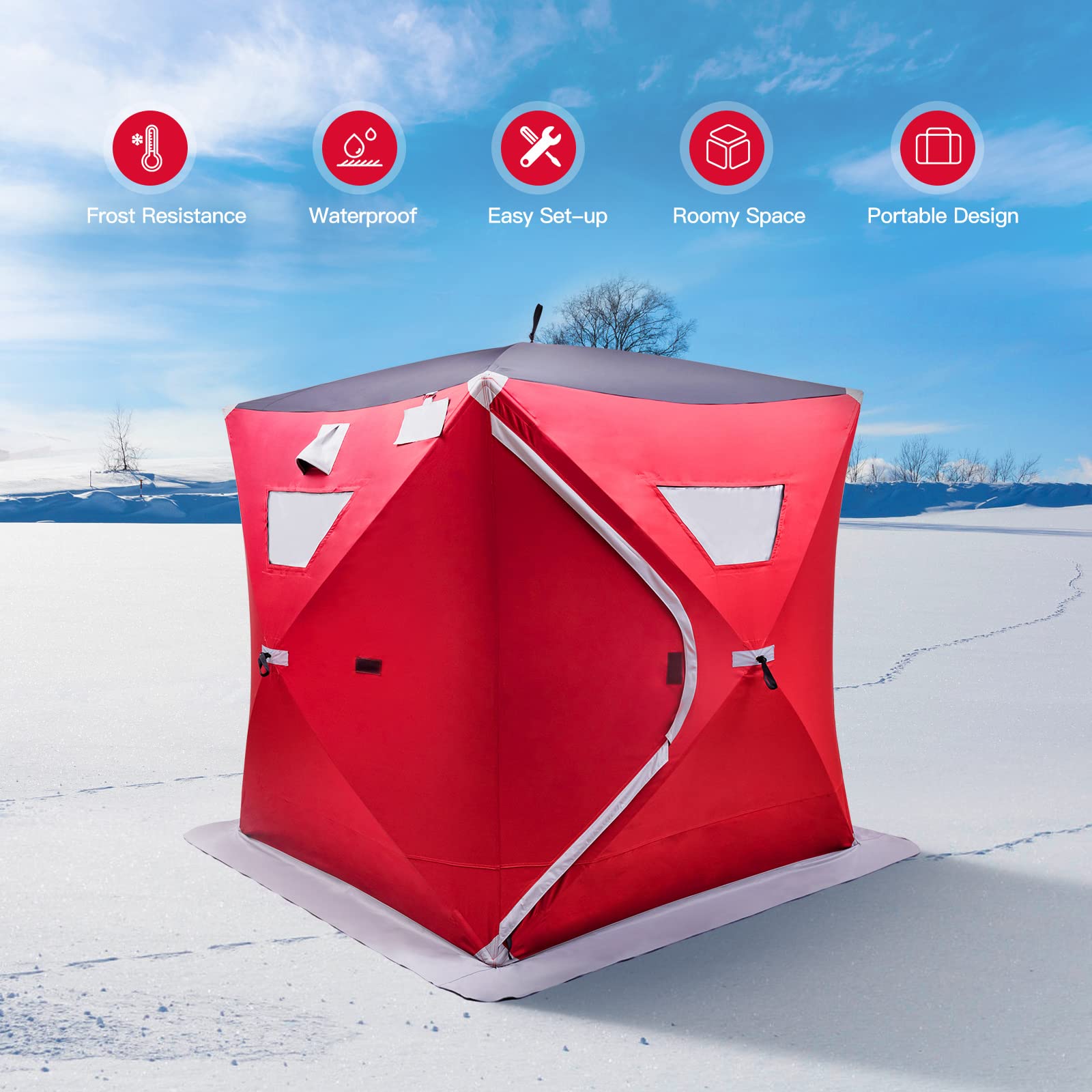 GYMAX Pop-Up Ice Fishing Shelter - Waterproof & Windproof Portable Ice Tent with Carrying Bag, Zippered Door & Ice Anchors - Perfect for Winter Fishing, Hunting & Outdoor Camping Adventures
