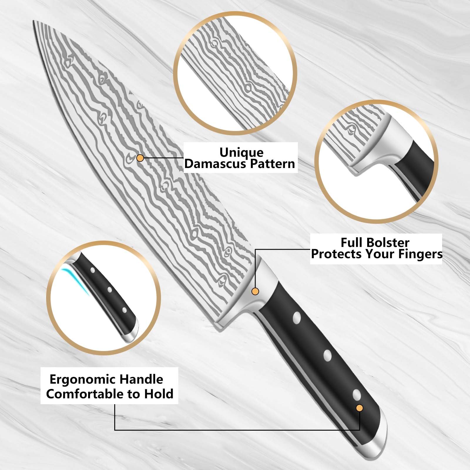 BEWOS 8.3-Inch Professional Chef Knife Set with Sharpener - Ultra Sharp Stainless Steel Kitchen Knives for Cooking, Slicing & Chopping - Ergonomic Handle & Gift Box - Perfect for Home Chefs & Professional Kitchens