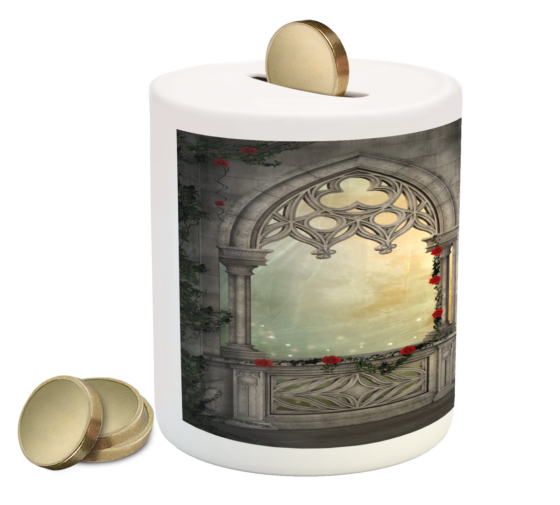 Ambesonne Gothic Ceramic Piggy Bank - Vintage Ottoman Palace Balcony Design with Red Roses & Ivy, Money Saving Coin Bank for Cash Collection (Beige) | Unique Home Decor Gift for Gothic Lovers & Coin Collectors