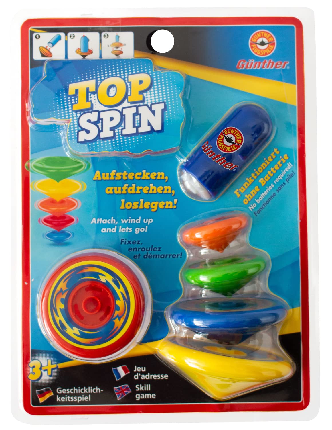 Paul Günther 1560 - Top Spin Skill Game for Kids Ages 3+, Includes 5 Spinning Tops & Launcher (4-8cm Diameter), No Batteries Needed - Fun Family Game for Indoor & Outdoor Play