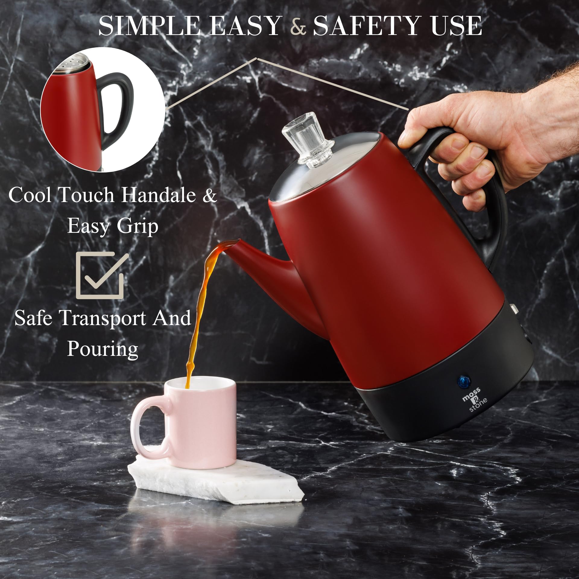 Electric Coffee Percolator - 10 Cup Stainless Steel Camping Coffee Maker with Red Body & Lid for Outdoor, RV, and Home Brewing | Moss & Stone