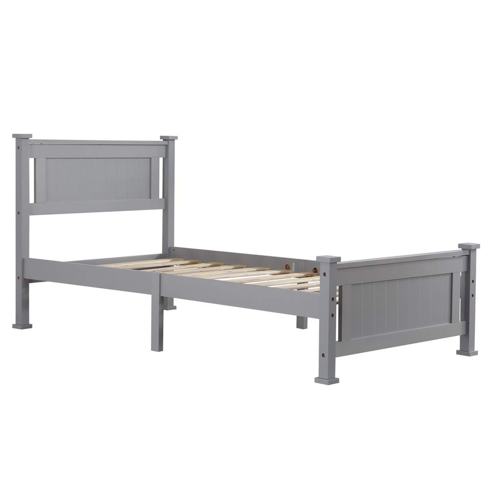 Bonnlo Twin Size Solid Wood Platform Bed Frame for Kids - Sturdy Single Bed with Headboard, No Box Spring Needed | Wood Slat Support Mattress Foundation in Gray | Perfect for Children's Bedrooms, Guest Rooms & Small Spaces