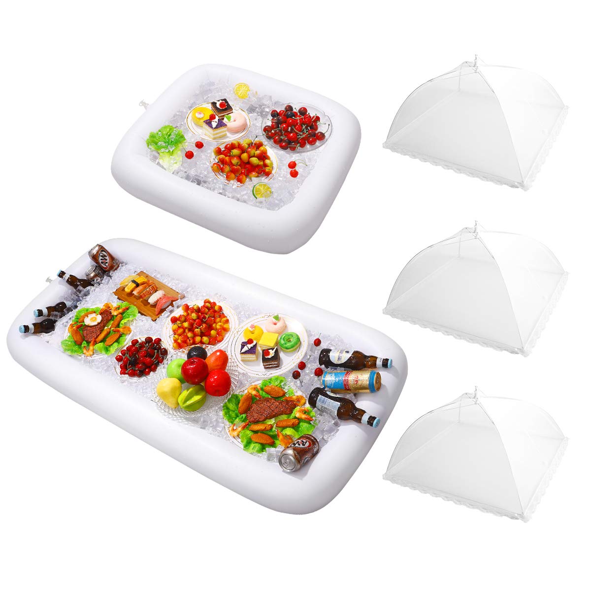 2PCS Inflatable Serving Bars with Drain Plug - Food Drink Salad Buffet Tray with Mesh Food Cover for Indoor Outdoor Party, Pool Picnic, Luau, BBQ, Camping & Beach Gatherings