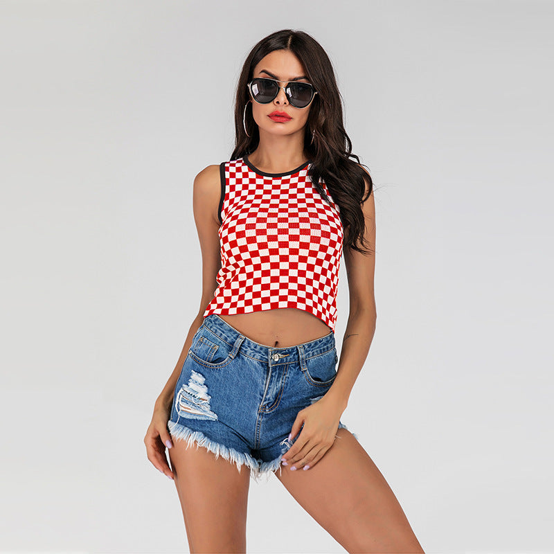 LOVEVOP Women's 2025 New Slim Fitting Sleeveless Checkerboard Knit Tank Top - Open Navel Design for Casual Wear, Layering & Summer Outfits
