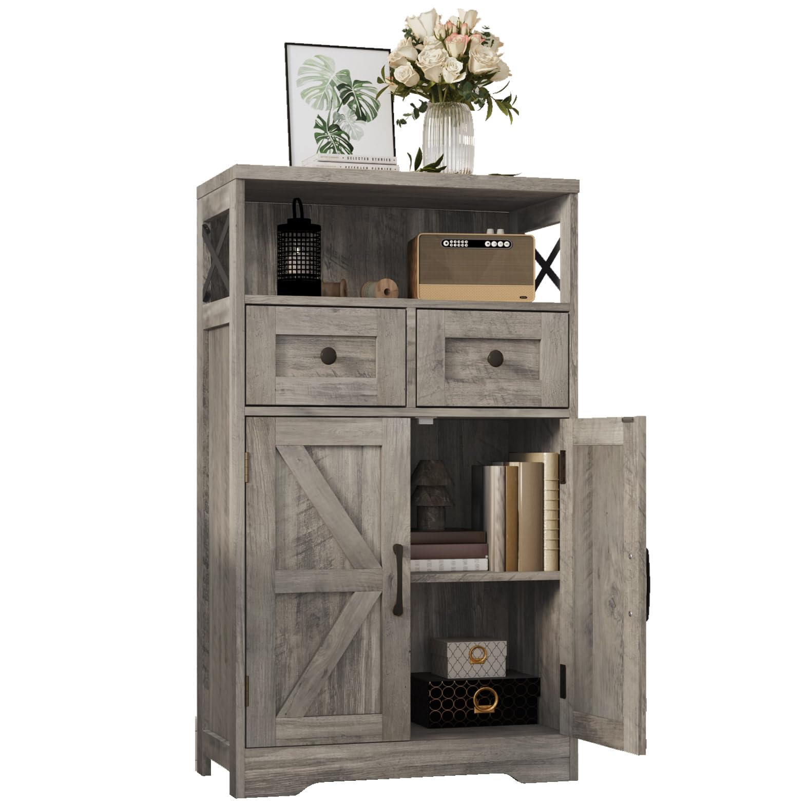 Rustic Grey Farmhouse Storage Cabinet with Drawers & Shelf - Freestanding Kitchen Pantry Organizer, Floor Cabinet Hutch for Home Office & Living Room - Perfect for Kitchen Storage, Home Organization & Farmhouse Decor