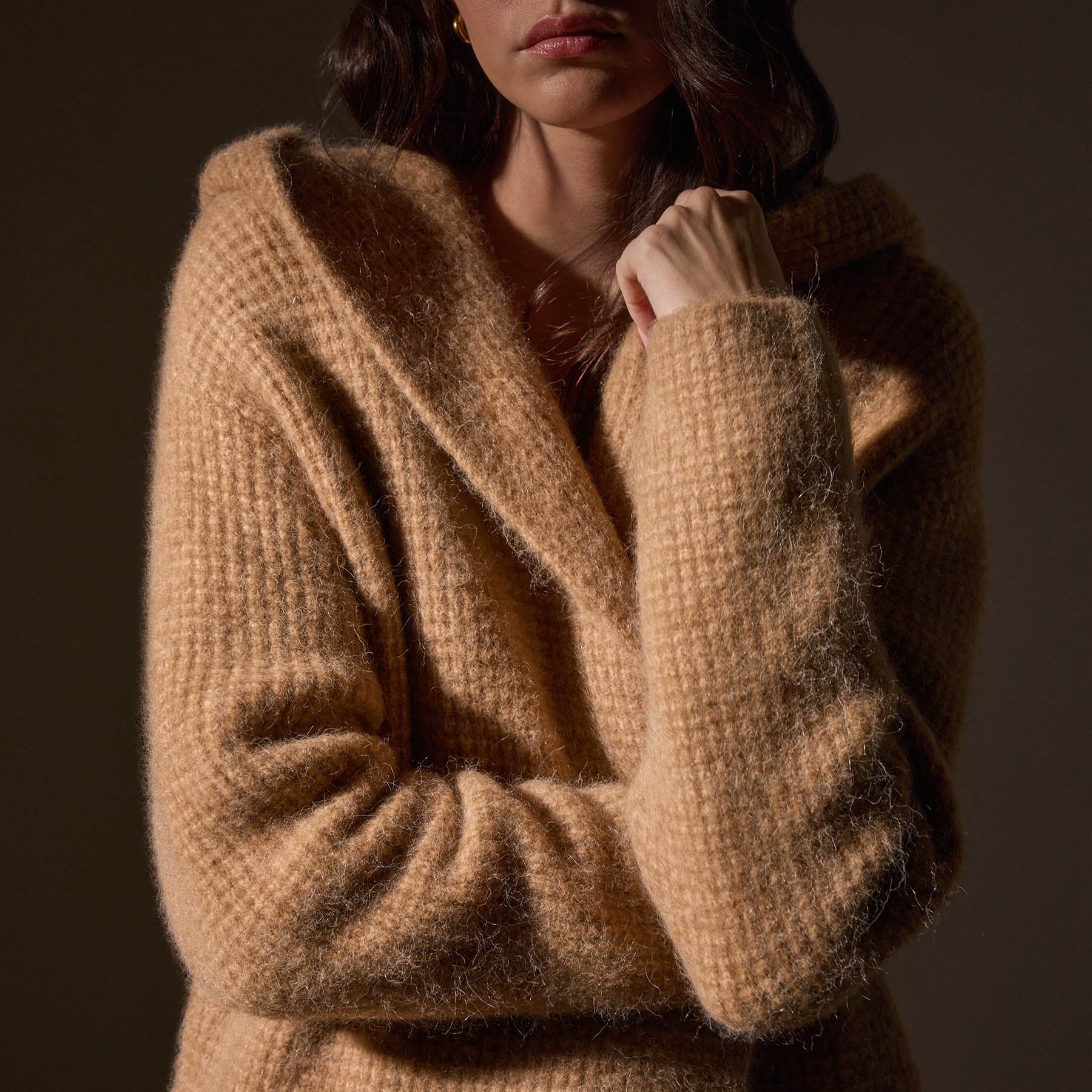 Chunky Waffle Knit Hooded Coat for Women - Soft & Warm Winter Jacket in Camel Color - Perfect for Casual Outfits, Outdoor Activities & Cold Weather Fashion
