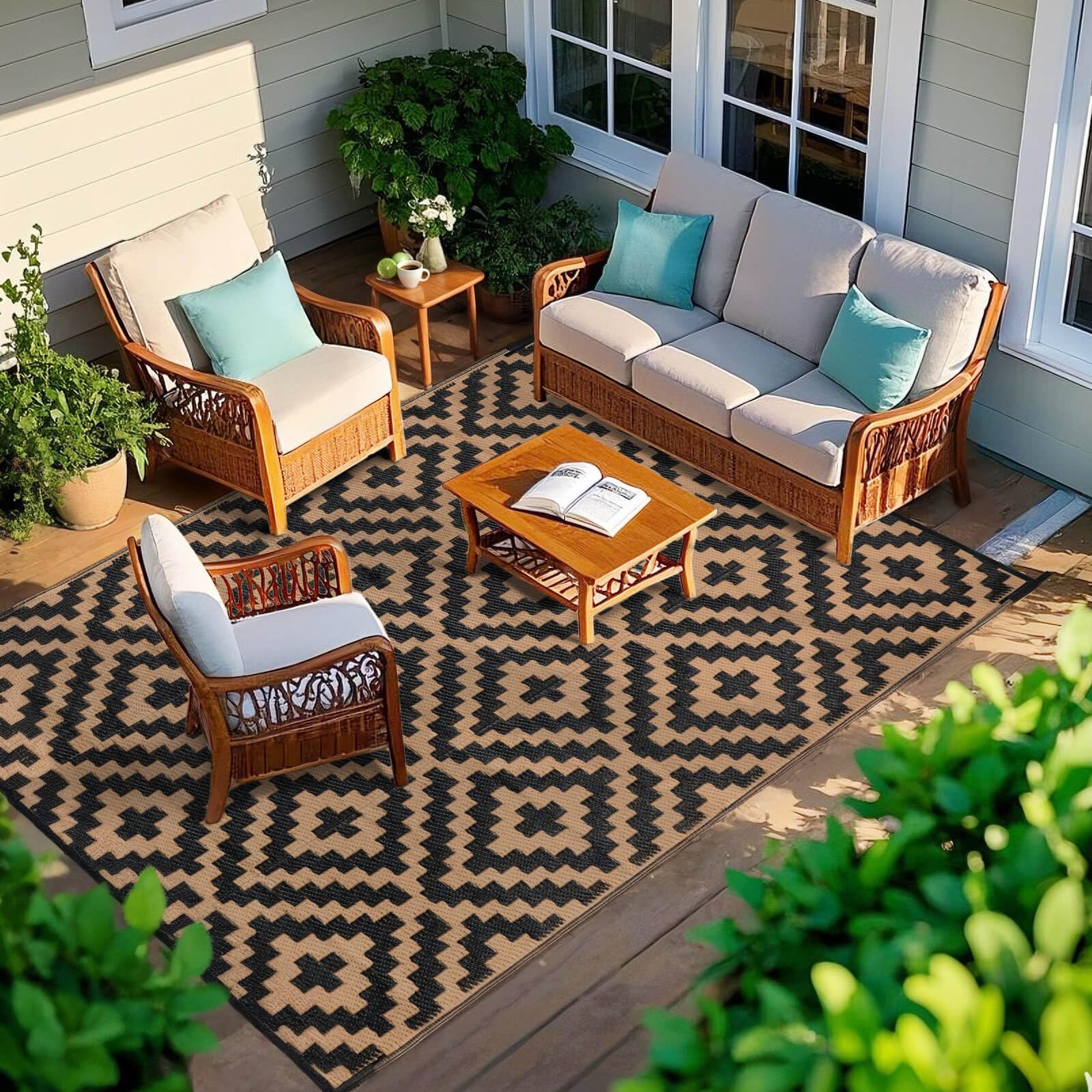 4'x6' Waterproof Reversible Outdoor Plastic Straw Rug - Durable Camping Mat for Patio, Deck, Porch, Balcony & RV | Perfect for Picnics, Beach Trips & Backyard Gatherings | Black & Brown