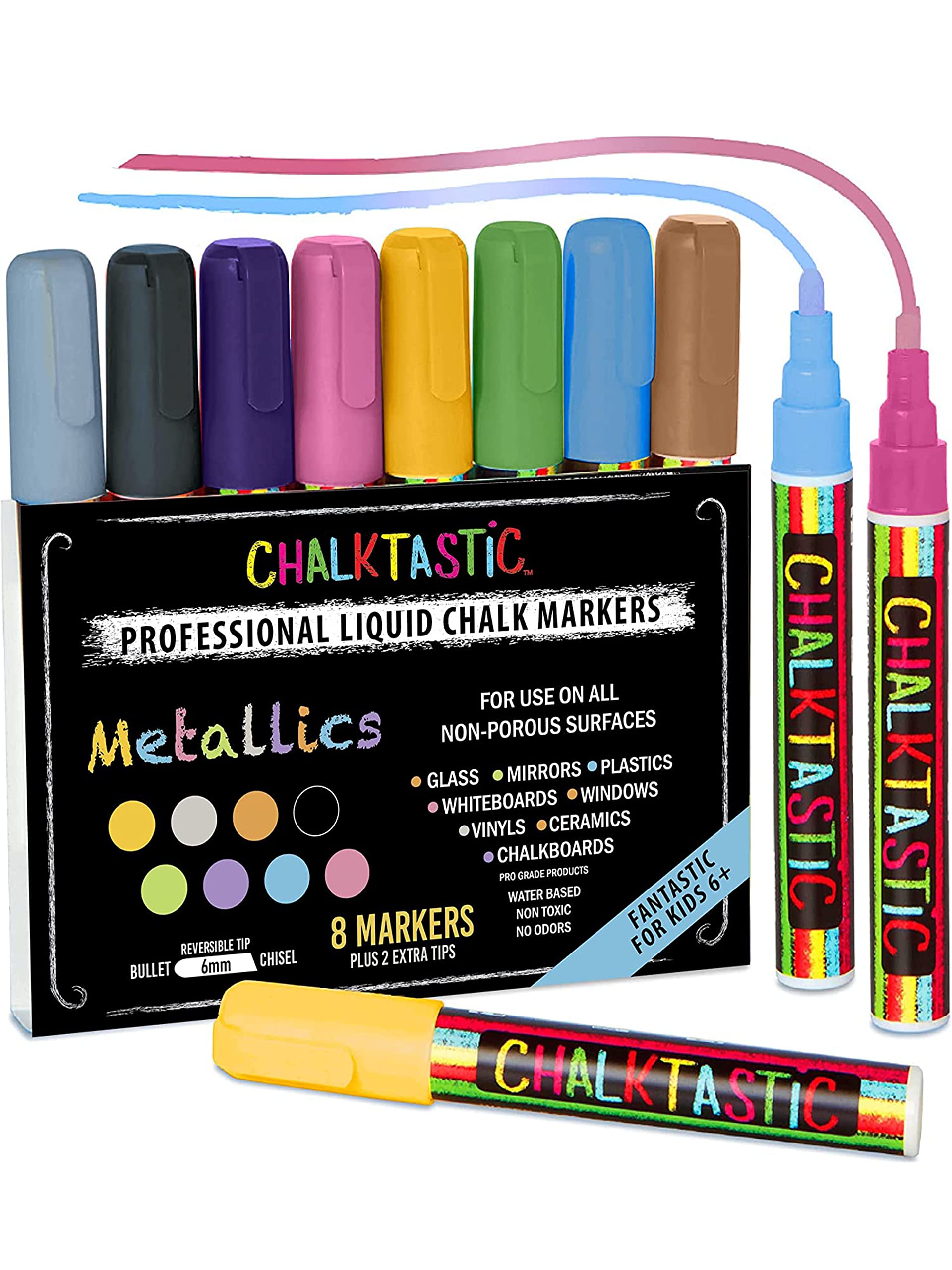 Metallic Liquid Chalk Markers - 8 Pack with Reversible 6mm Fine/Chisel Tip | Erasable Chalkboard Markers for Menu Boards, Glass, Windows, Blackboards & Signs | Perfect for Restaurants, Cafes, Bistros & Retail Displays