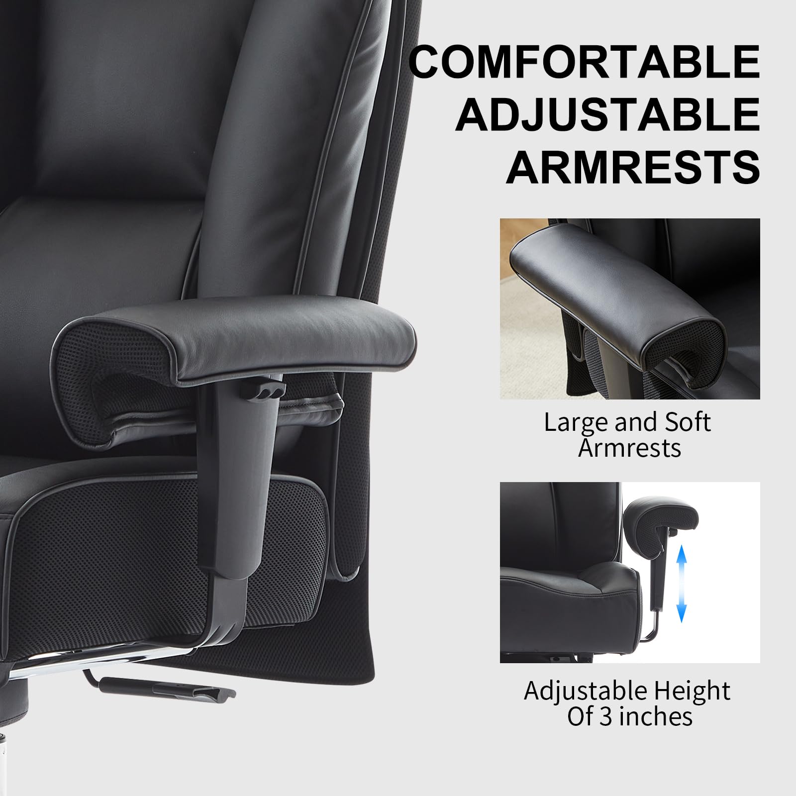 Efomao Big and Tall Office Chair 450lbs - Heavy Duty Ergonomic Executive Computer Chair with Footrest & High Back Support - PU Leather Black Large Office Chair for Home & Business Use