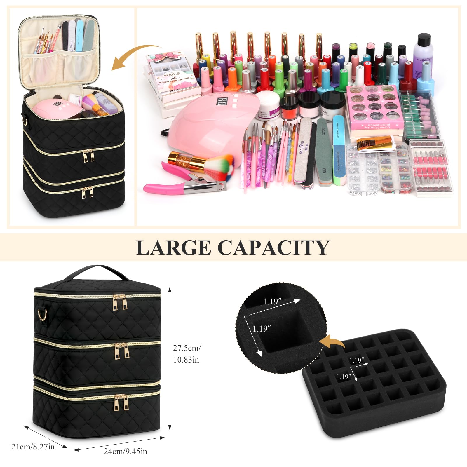 3-Layer Nail Polish Organizer Case with Dividers - Holds 60 Bottles & Nail Lamp - Detachable Nail Tech Storage Bag for Salon & Travel - Perfect for Nail Artists & DIY Manicures at Home
