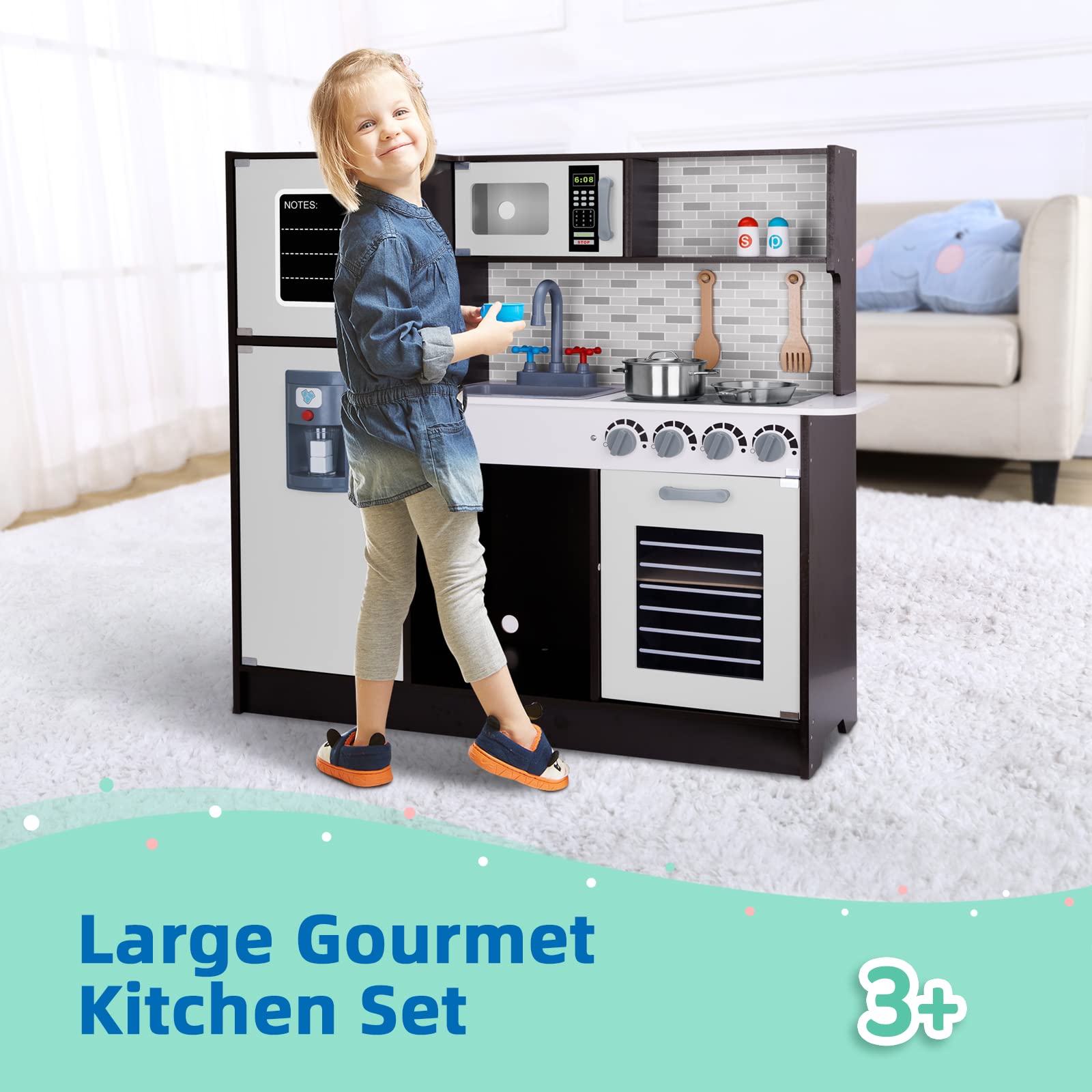 TOOKYLAND Wooden Kids Kitchen Playset - Chef Play Kitchen for Toddlers with Sink, Oven, Stove, Range Hood, Ice Maker & Microwave | Pretend Cooking Toy for Boys & Girls | Perfect Gift for Birthday & Christmas (Indoor Pretend Play, Role Play, Early Learning)