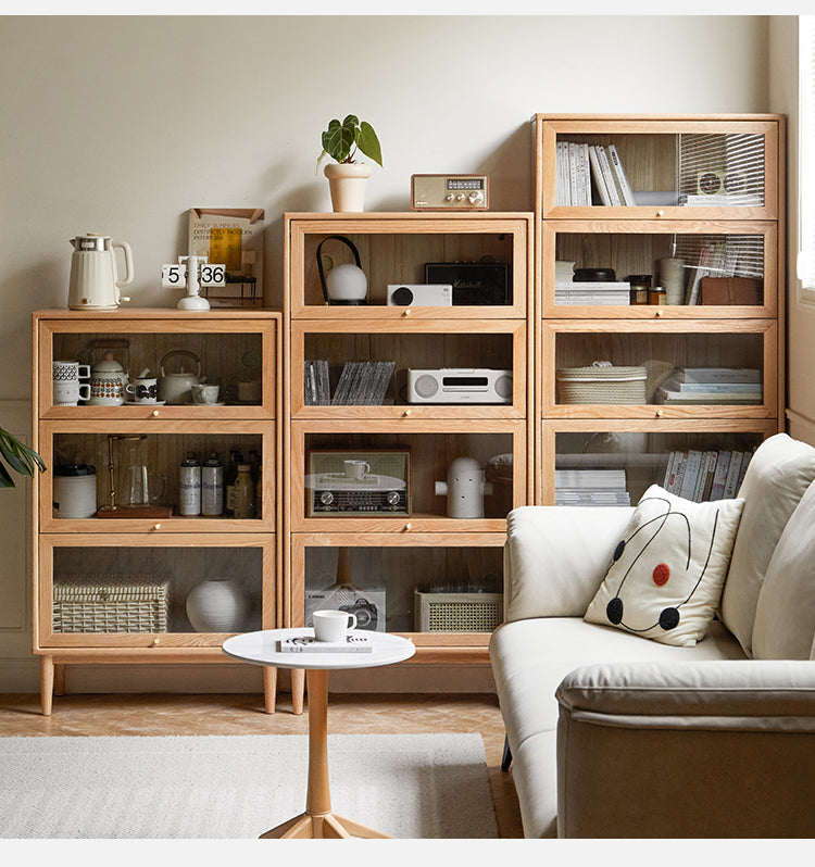 Premium Oak Solid Wood Multi-Layer Flip Door Glass Bookcase - Stylish Home Office Library Storage for Books, Decor & Collectibles
