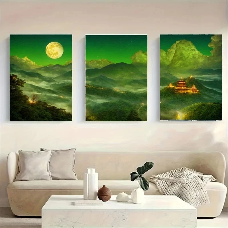 3-Piece Pagoda Metal Wall Art Prints - Ready to Hang Asian Home Decor for Living Room, Bedroom & Office
