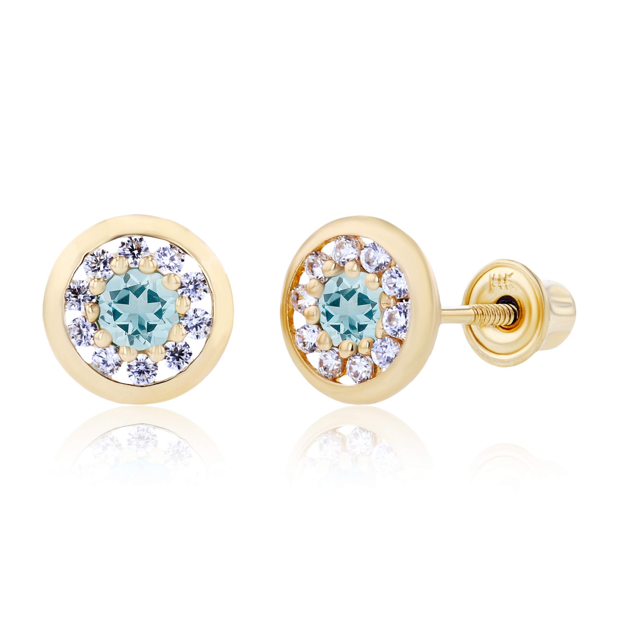 14K Gold 6mm Natural Birthstone Stud Earrings for Women | Round Birthstone & White Sapphire Pave Circle Screwback Earrings | Perfect for Gifts, Weddings, and Everyday Wear