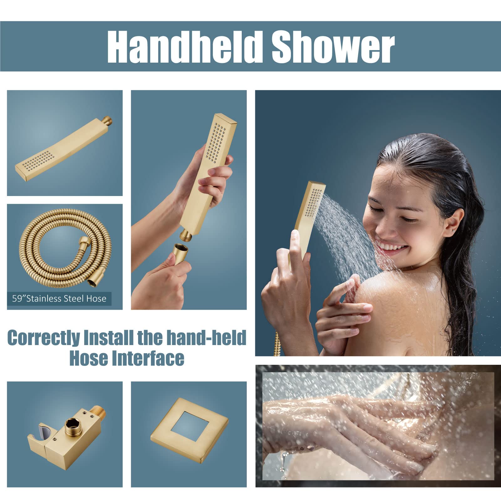 Aolemi 10 Inch Wall Mount Shower Faucet Set - Brushed Gold Rain Shower System with Handheld Spray, Rough-in Valve & Trim Kit | Bathroom Shower Combo for Luxurious Spa-like Experience at Home