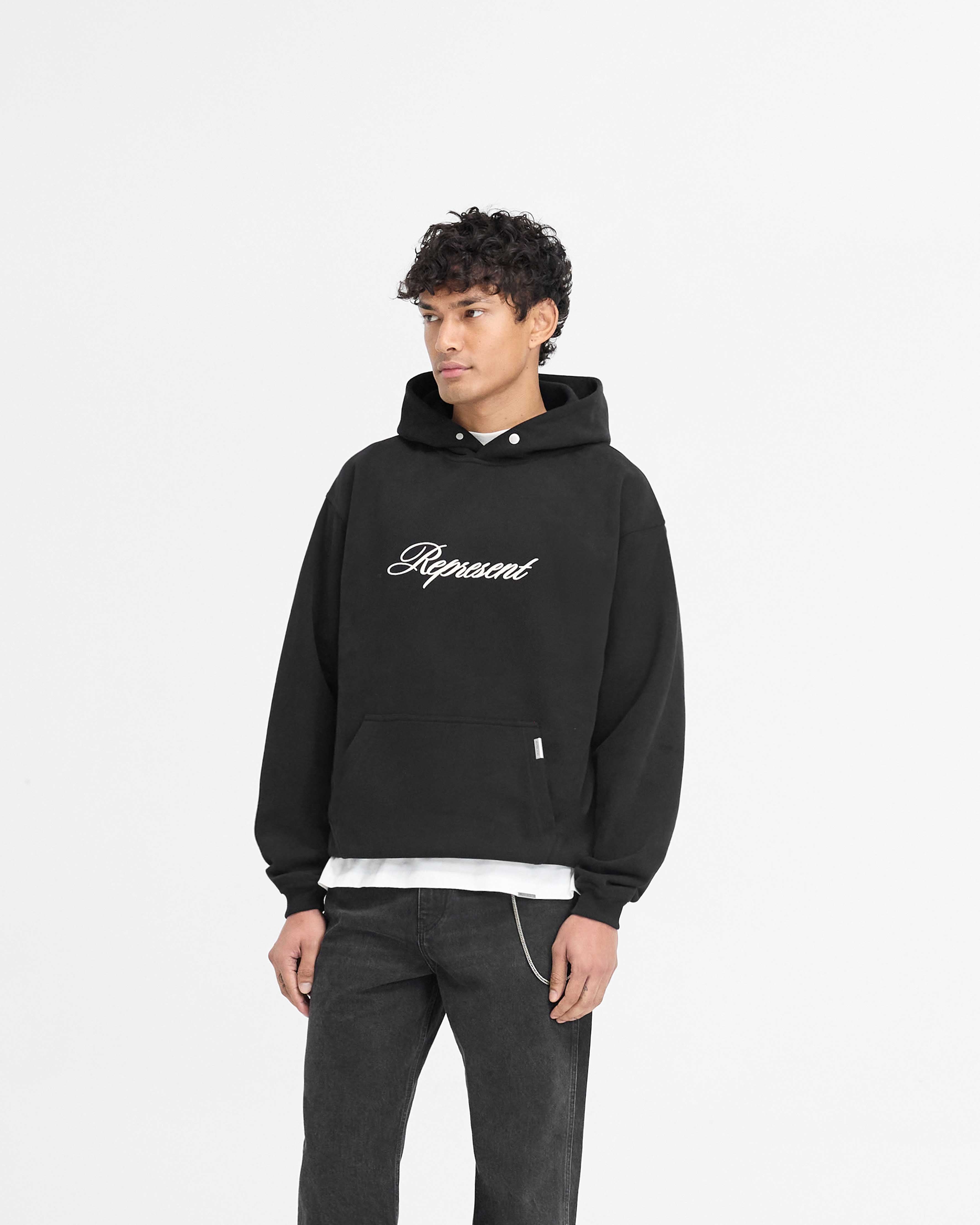 Script Logo Hoodie - Black Cotton Pullover for Men & Women | Casual Streetwear, Loungewear & Winter Fashion