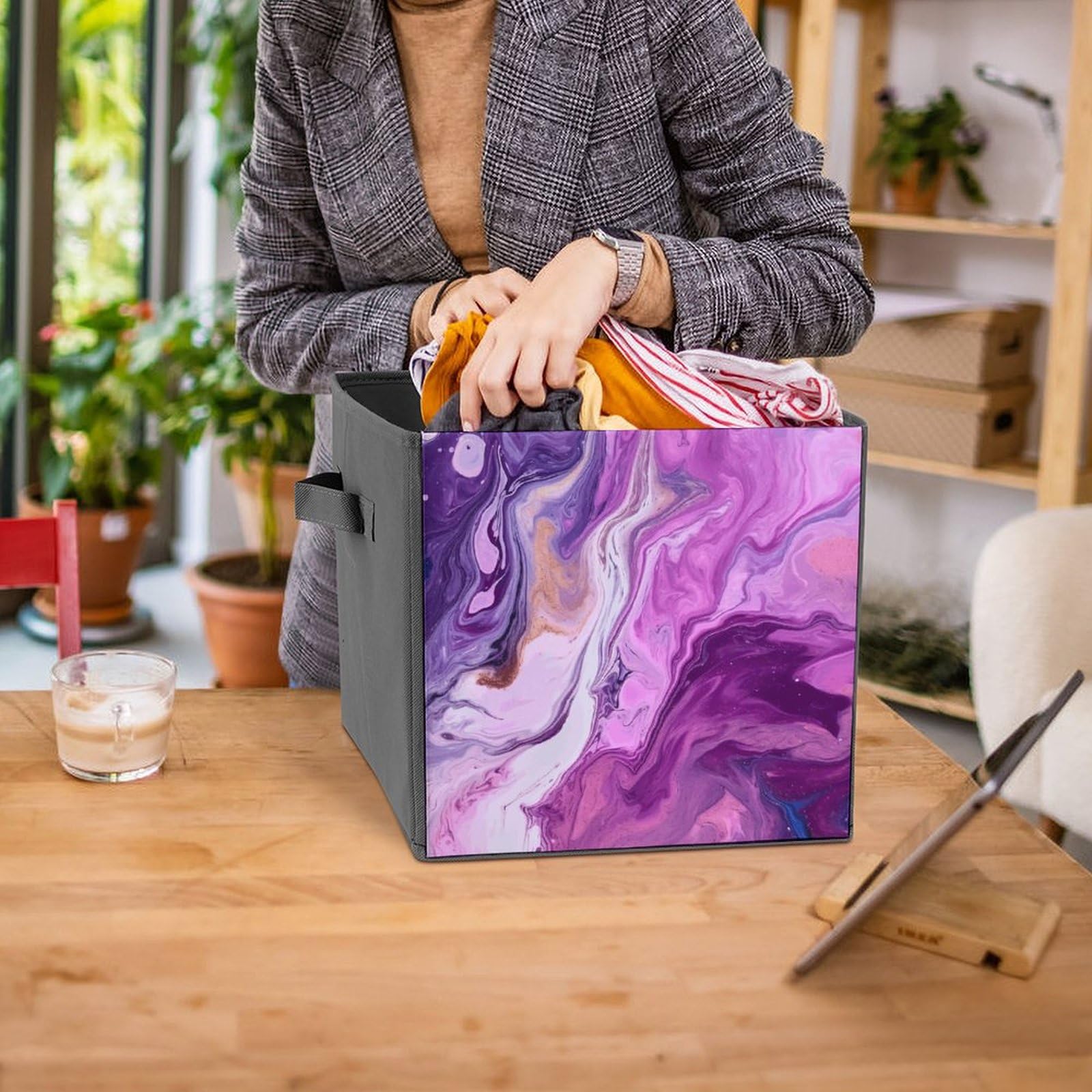 Foldable Canvas Storage Box with Marble Purple Colorful Print - Organize Clothes, Toys & Home Items - Perfect for Closet, Bedroom & Kids Room Storage