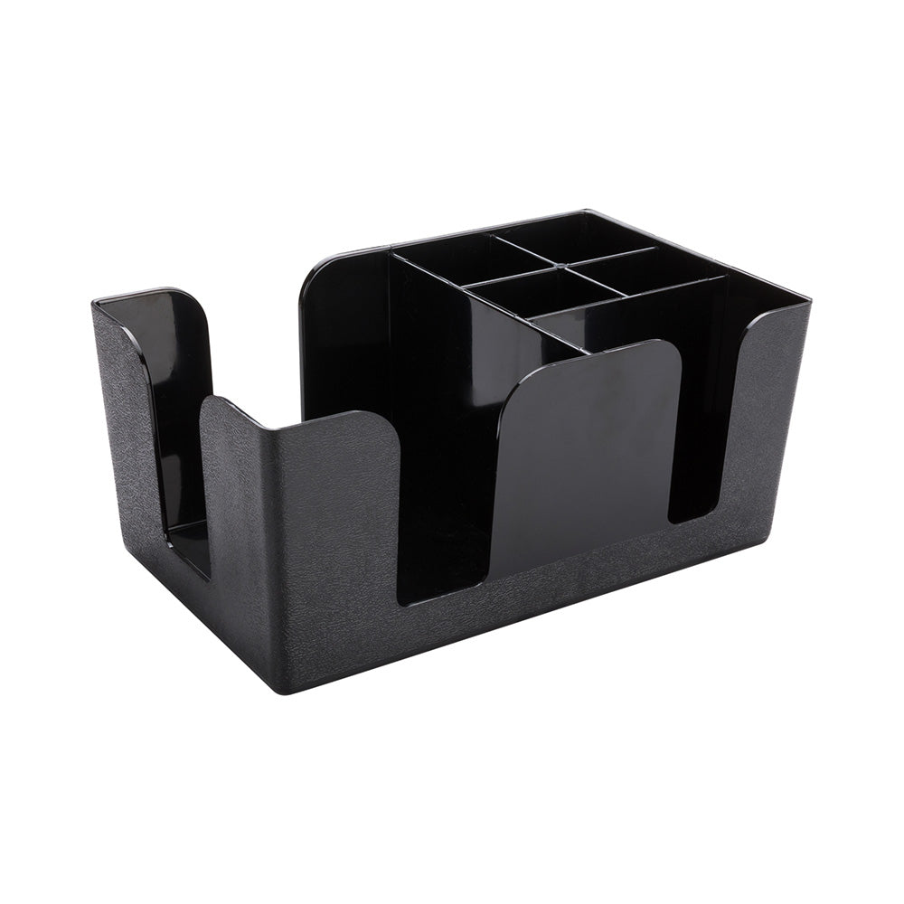 Black Plastic Condiment Caddy & Napkin Holder - 6 Compartments, Pebbled Texture - 9.5