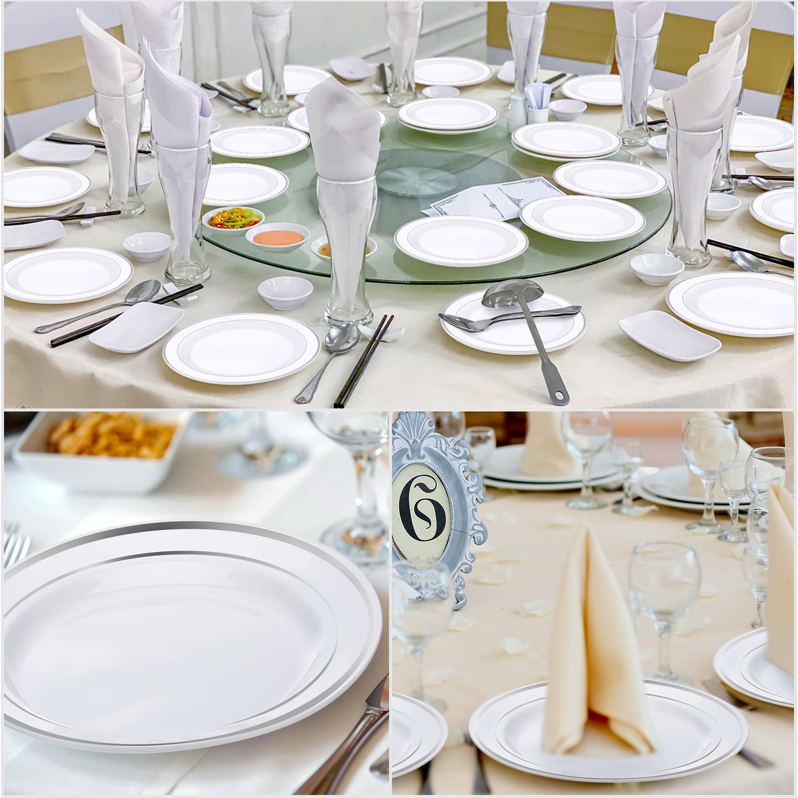 150-Piece Disposable Plastic Plates Set - 7.5 Inch White Silver Salad & Dessert Plates with Decorative Rim - Bulk Party Supplies for Weddings, Birthdays, Picnics & Catering Events (Ideal for Serving Cakes, Appetizers & Finger Foods)