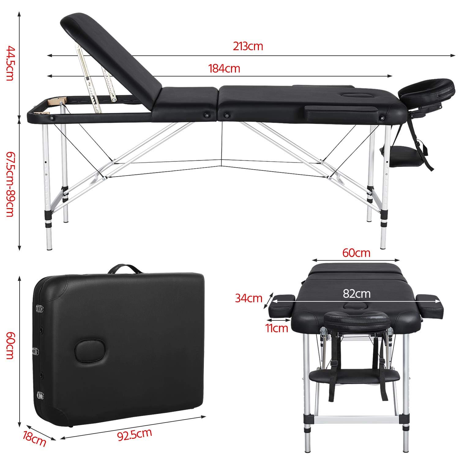 Yaheetech Foldable Massage Bed - 60cm Wide Portable Beauty Salon Table for Lash Extensions & Spa Treatments - 3-Section Adjustable Aluminum Frame - Perfect for Professional Salons, Home Spa & Mobile Beauty Services