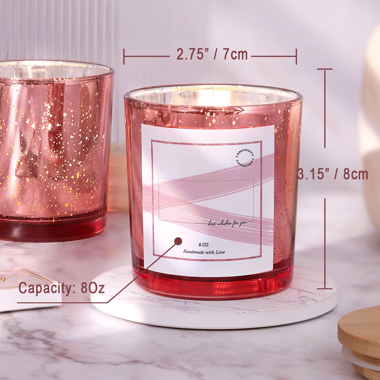 15 Pack 8oz Rose Gold Empty Candle Jars with Lids - Mercury Glass Containers for DIY Candle Making - Includes 20 Candle Labels - Perfect for Home Decor, Wedding Favors & Gift Packaging