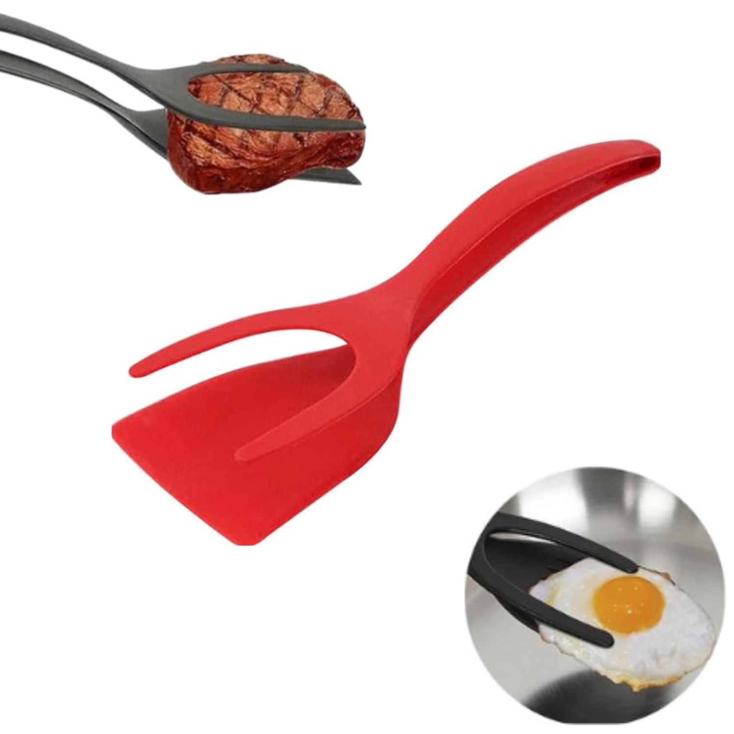 2-in-1 Silicone Non-Stick Kitchen Spatula Tongs - Perfect for Flipping Pancakes, Eggs, Fish & French Toast - Red Cooking Utensil for Home & Restaurant Use