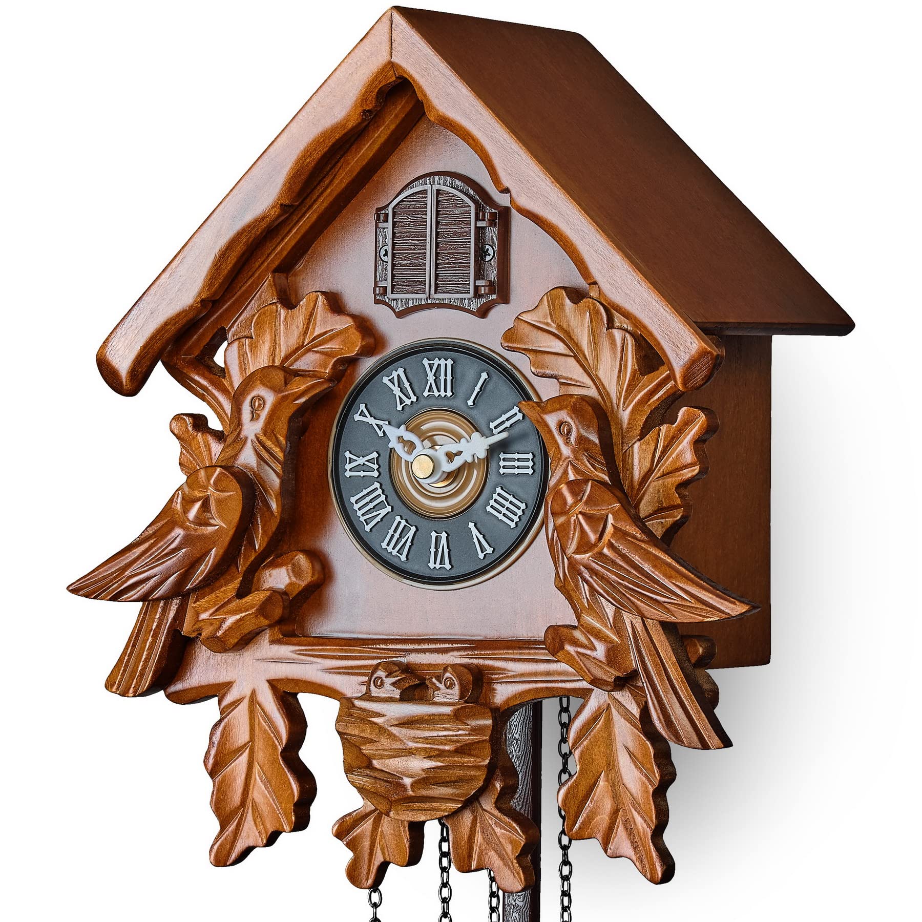 TIMEGEAR Wooden Cuckoo Clock with Night Mode & Singing Bird - Handcrafted Pendulum Wall Clock with Traditional German Design (Brown) | Perfect for Living Room, Bedroom, and Cabin Decor
