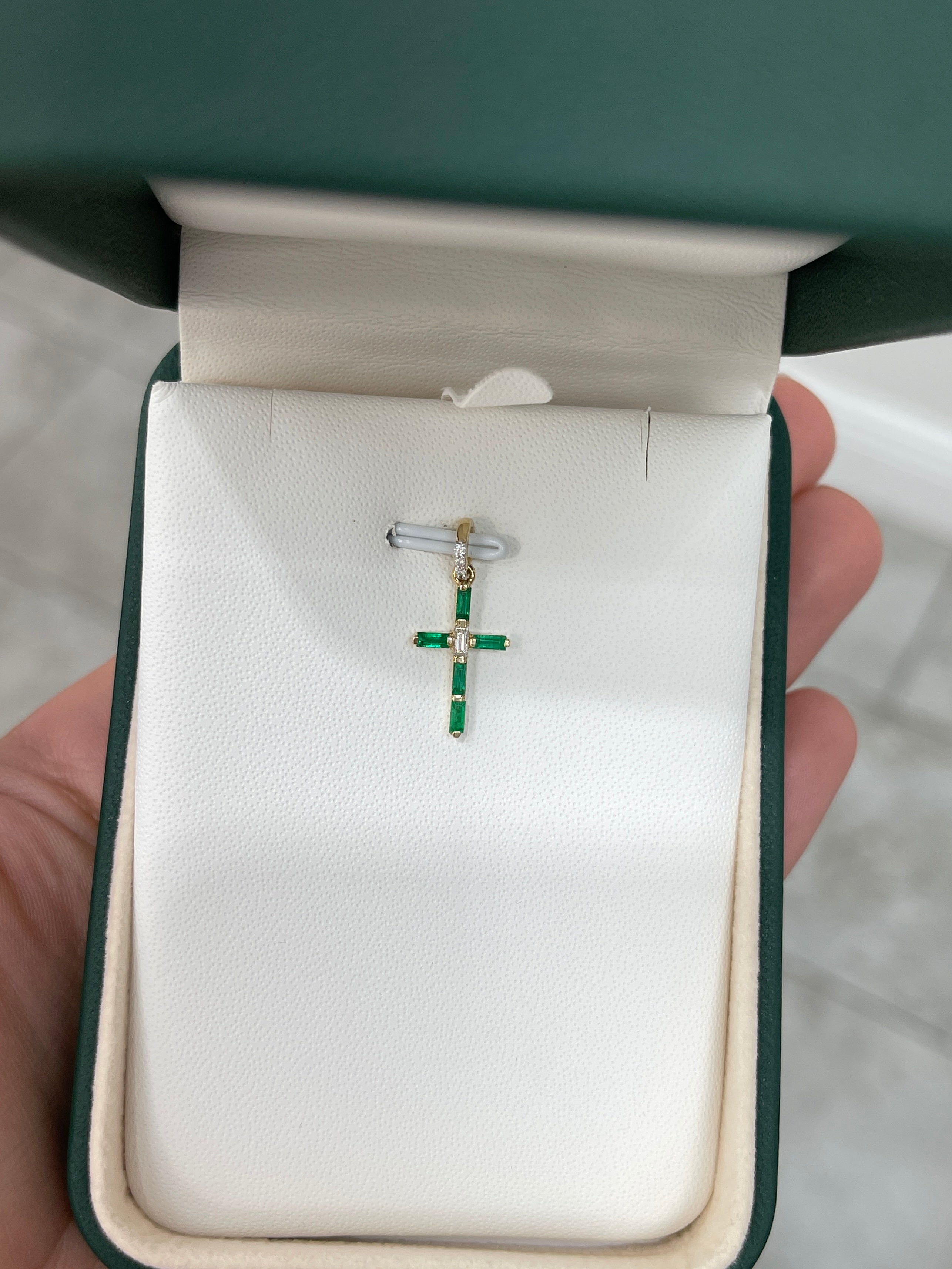 14K Gold Emerald Cross Pendant with Baguette & Round Diamonds - Elegant Religious Jewelry for Baptism, First Communion & Special Occasions