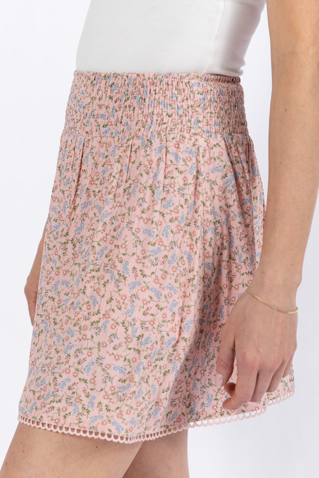 Through The Garden Pink Multi Floral Eyelet Trim Mini Skort - Women's Floral Skirt Shorts for Summer, Casual Outfits & Outdoor Activities