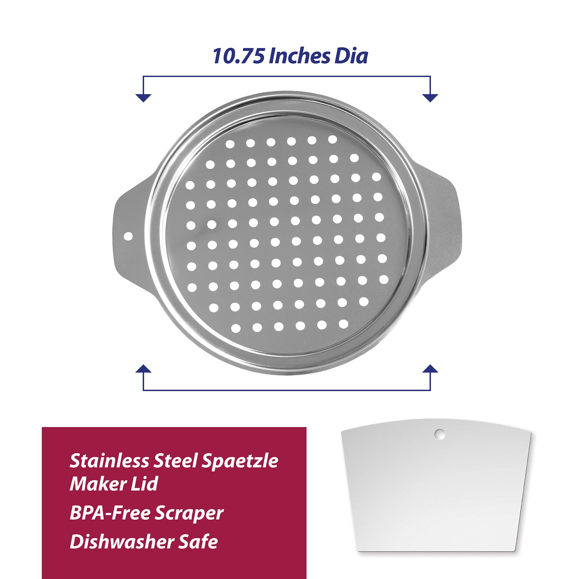 IC Kitchen Spaetzle Noodle Dumpling Maker with Scraper Lid - Fits 10.5 Inch Pots - Perfect for German Cuisine, Homemade Pasta & Dumplings