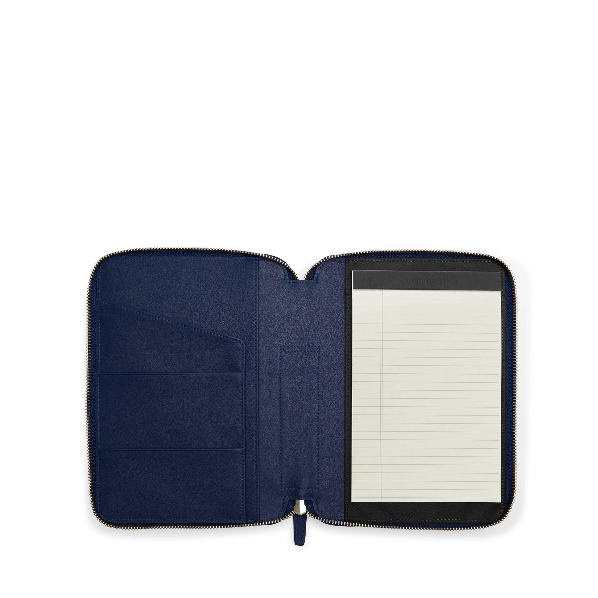 A5 Junior Zippered Padfolio - Professional Navy Blue Leather Portfolio for Students & Business - Perfect for School, Meetings & Presentations