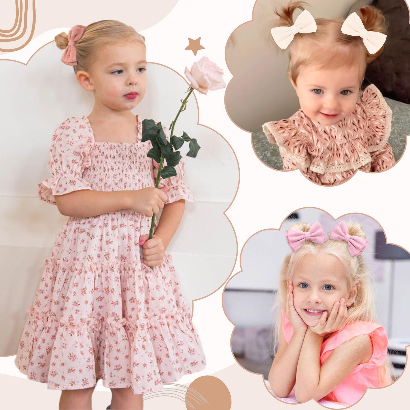 OAOLEER 20Pcs 3.5 Inch Neutral Linen Hair Bows Clips for Baby Girls - Double Bun Ponytail Bow Hair Barrettes for Infants, Toddlers & Kids (Linen Bows-B) | Perfect for Birthday Parties, Photo Shoots & Daily Outfits