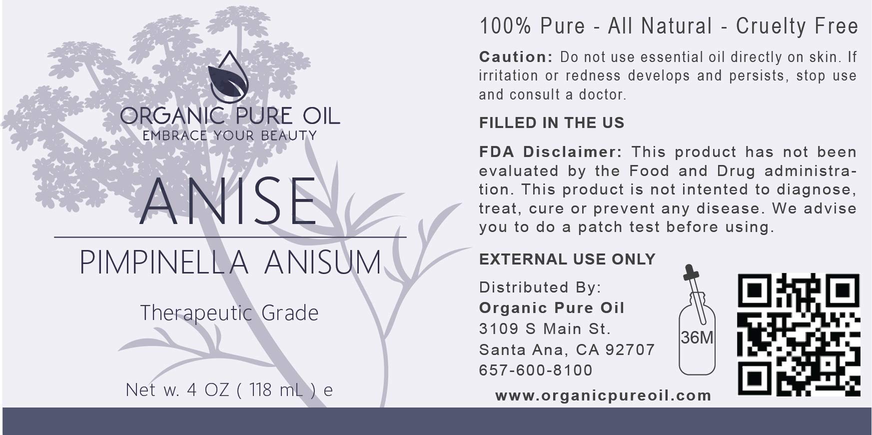 **Aniseed Essential Oil - 100% Pure Natural Steam Distilled for Skin & Hair Care - 4 oz - Aromatherapy, Massage & DIY Beauty Uses**