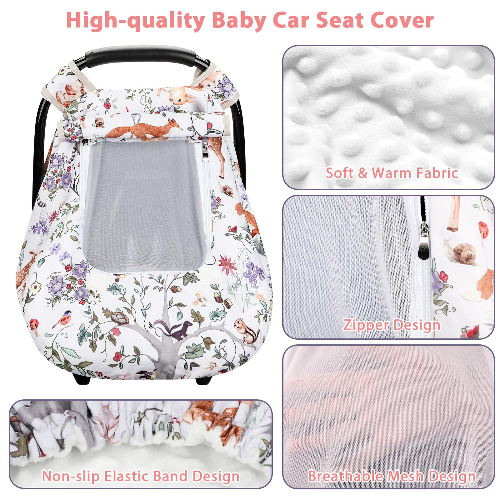 **Minky Windproof & Breathable Baby Car Seat Cover with Peep Window - Soft Infant Car Seat Protector for Boys & Girls, Woodland Animals Design - Shield Baby from Wind & Sun for Strolls, Travel & Outdoor Adventures**