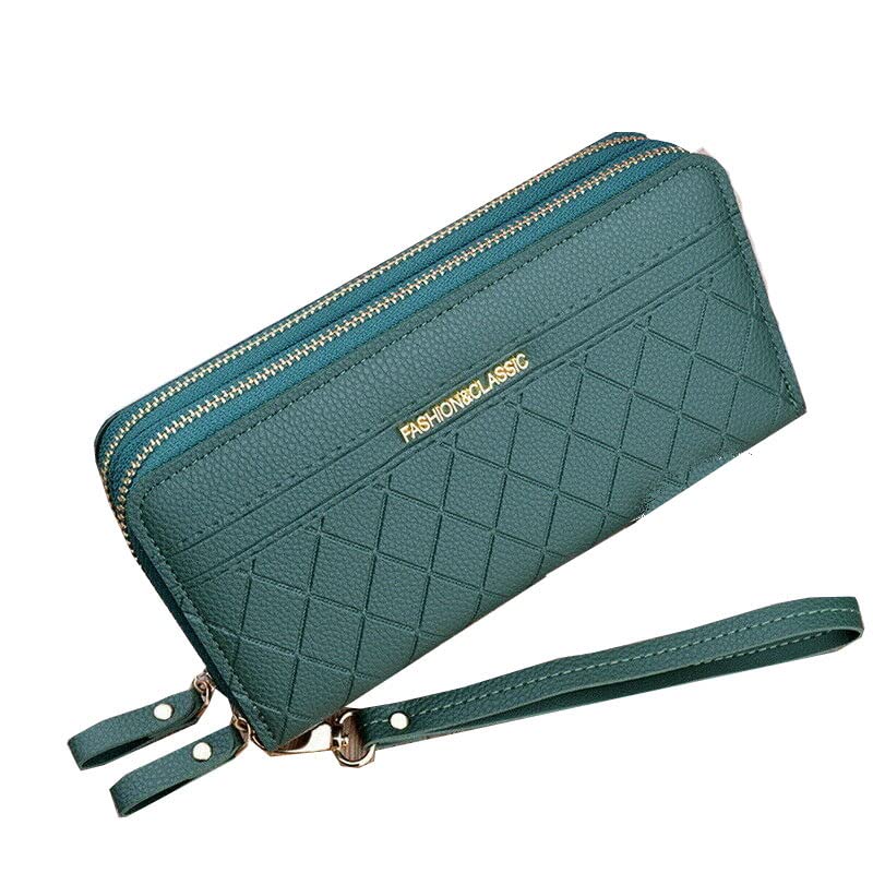 Women's Leather Wallet with Double Zipper - RFID Blocking Credit Card Holder & Phone Pocket Organizer Clutch Purse (Green) | Perfect for Travel, Shopping, and Everyday Use