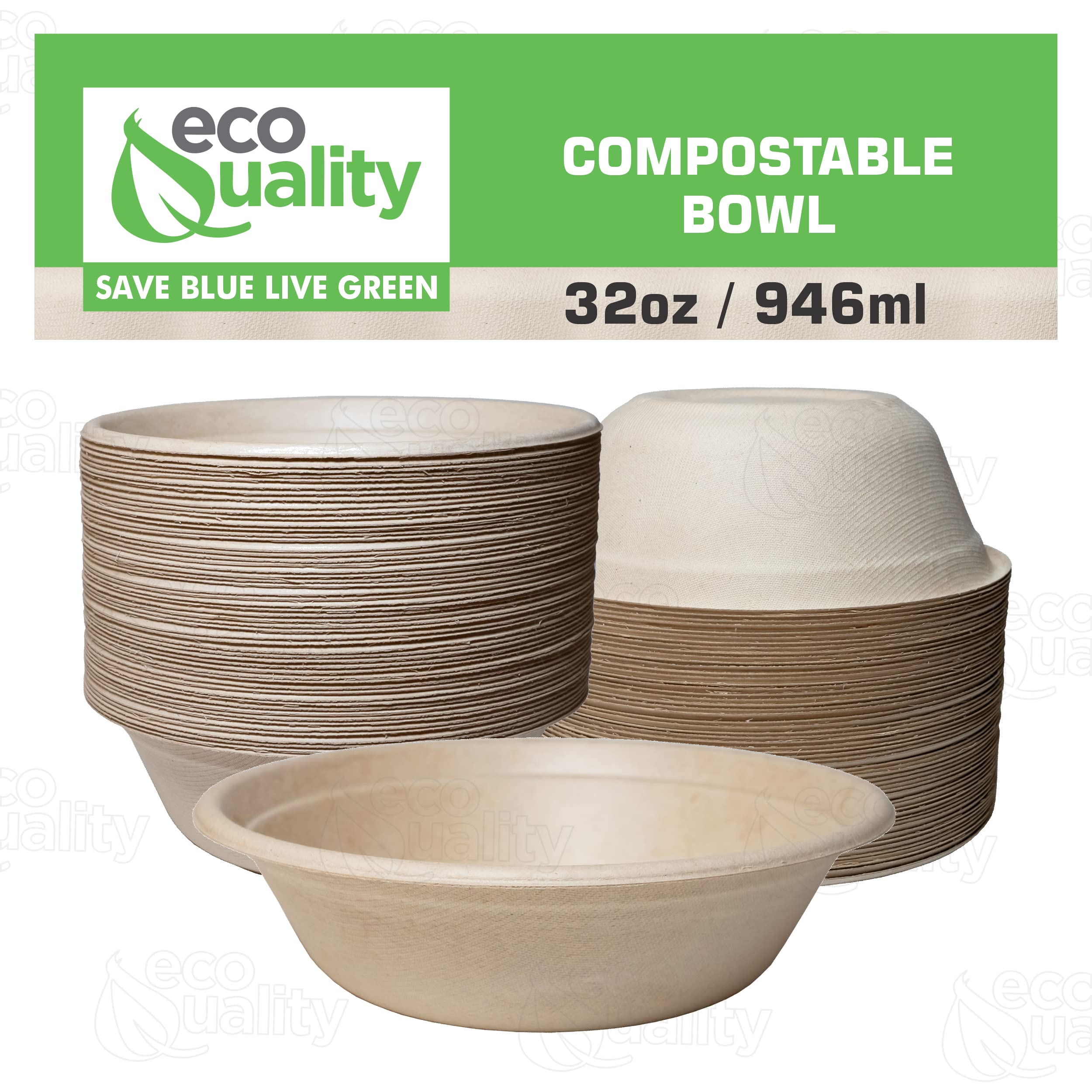500 Count - EcoQuality 32oz Round Disposable Bowls | Natural Sugarcane Bagasse Bamboo Fiber Compostable Bowls | Sturdy Eco-Friendly Paper Bowl Alternative | Perfect for Parties, Picnics & Takeout Meals